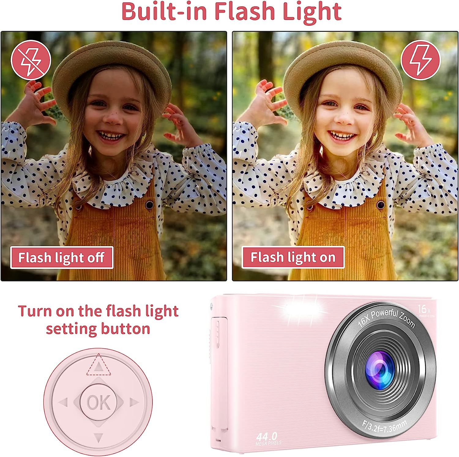 Saneen Digital Camera, FHD 2.7K Cameras for Photography, 44MP Kids Camera Small Compact Digital Camera for Teens, Adults & Beginners with 32GB SD Card, 16X Zoom, Two Rechargeable Batteries-Pink