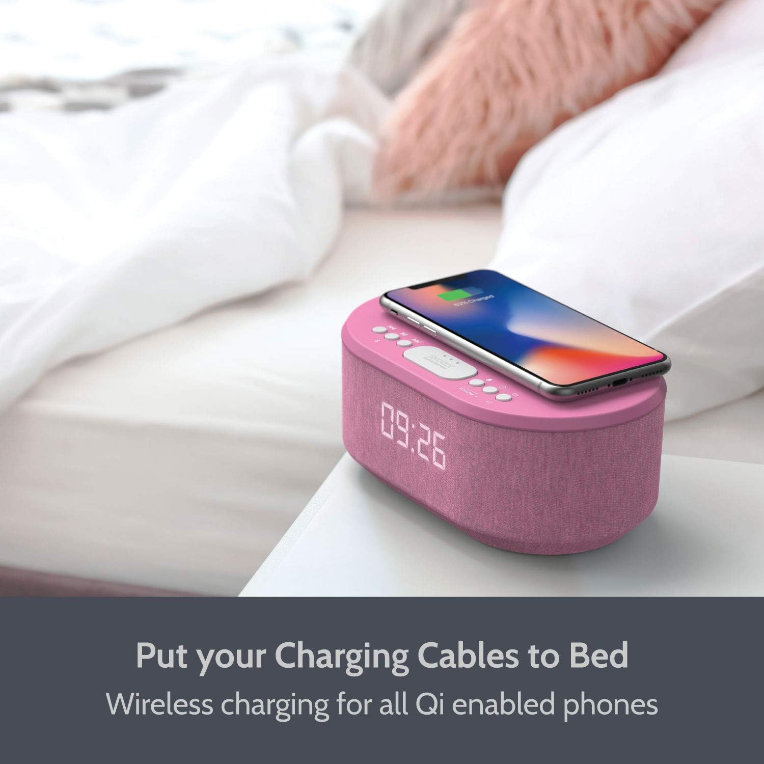 i-box Bedside Radio Alarm Clock with USB Charger, Bluetooth Speaker, QI Wireless Charging, Dual Alarm Dimmable LED Display (Grey)