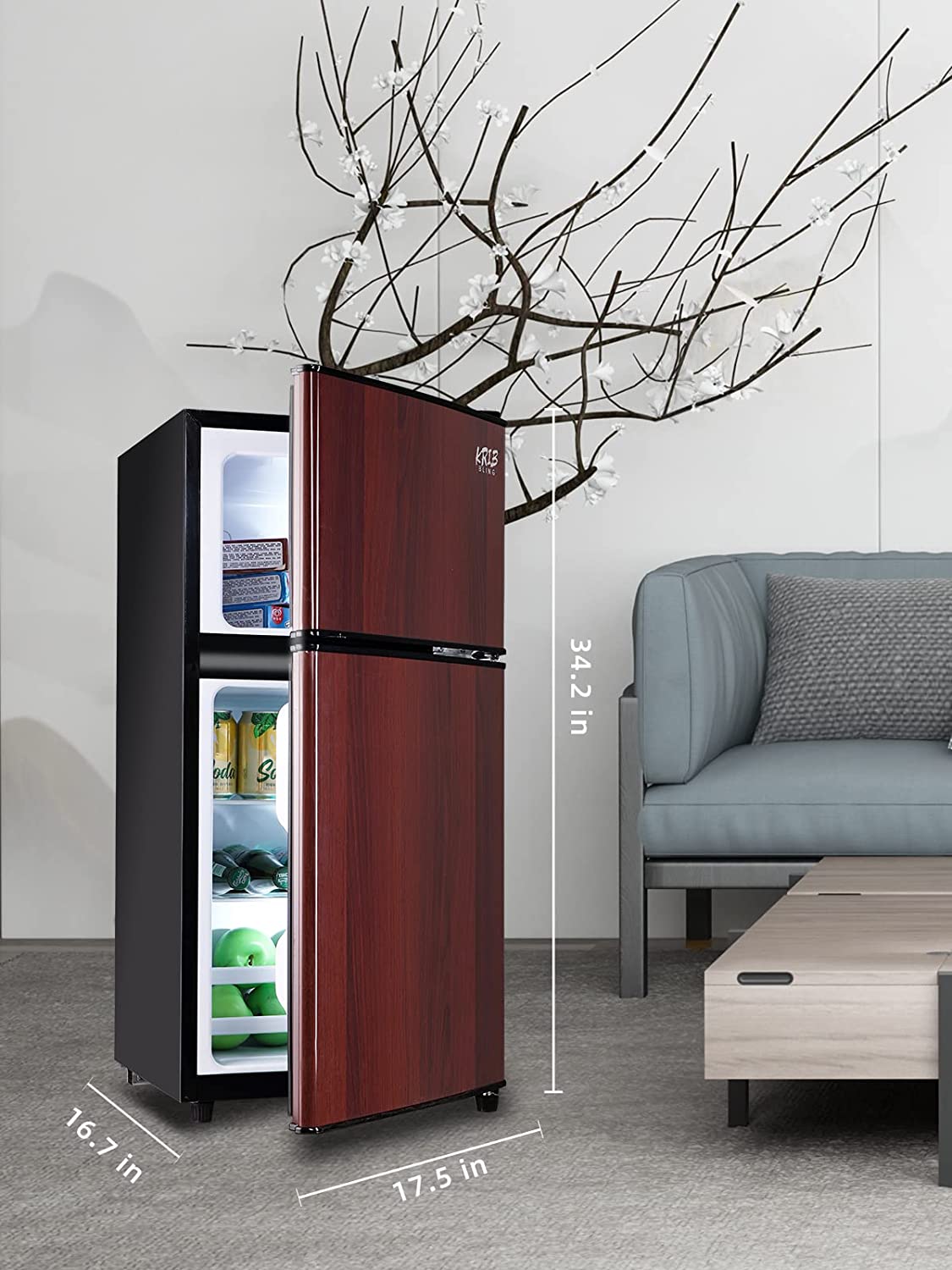 KRIB BLING Mini Fridge with Freezer on Top, 3.5 Cu.Ft Compact Refrigerator with 7 Levels Adjustable Thermostat, Small Fridge for Dorm, Office, RV Camping, Silver