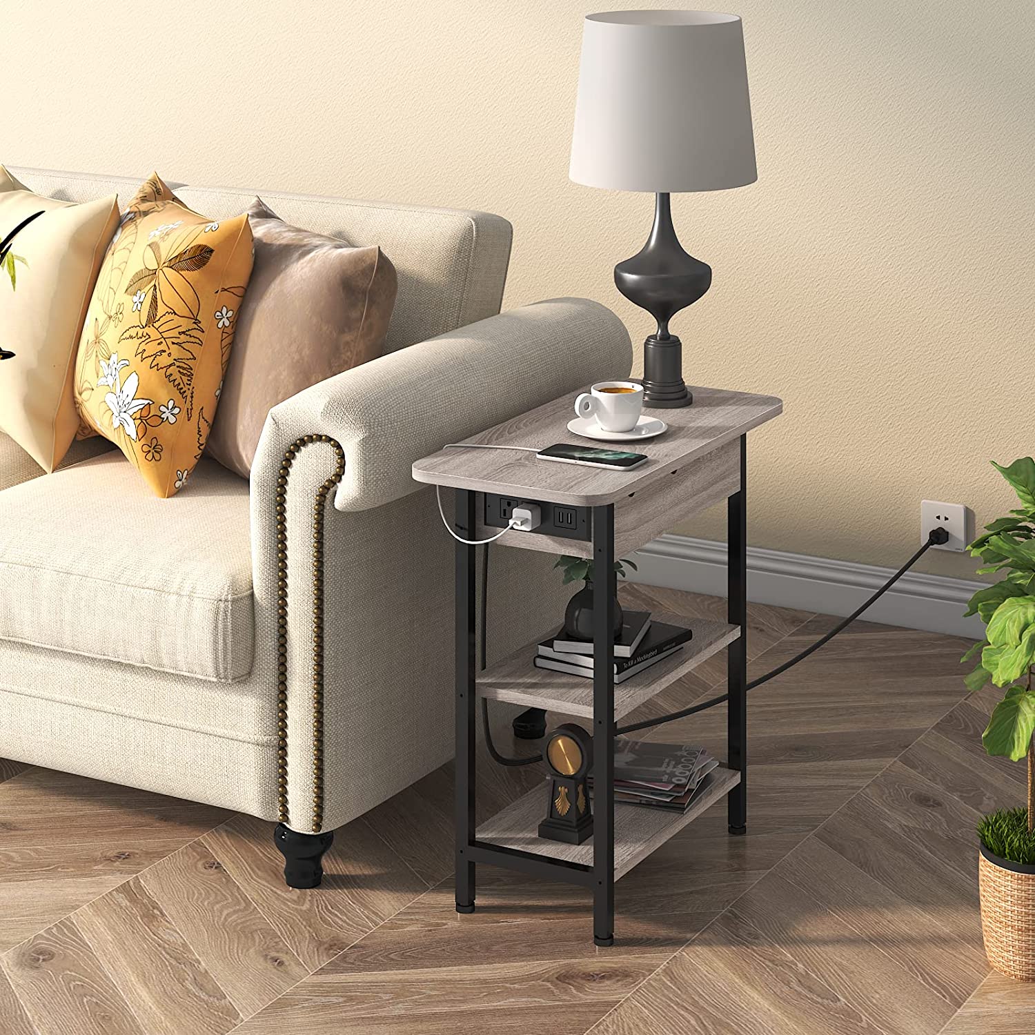 End Table with Charging Station, Flip Top Side Table with USB Ports and Outlets, Nightstand for Small Spaces, Bedside Tables with Storage Shelf for Living Room, Bedroom