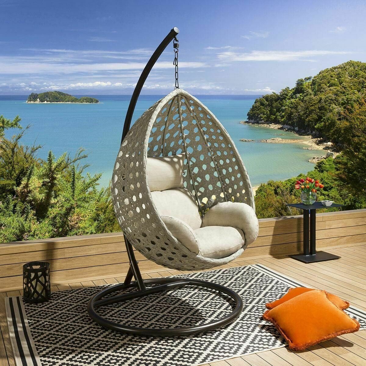 Set of 2 Luxury Extra Large Outdoor Hanging Pod Chairs Grey Rope Table