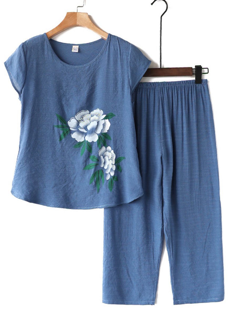 Cotton Linen Short Sleeved Thin Grandma Pajama Two-piece Set