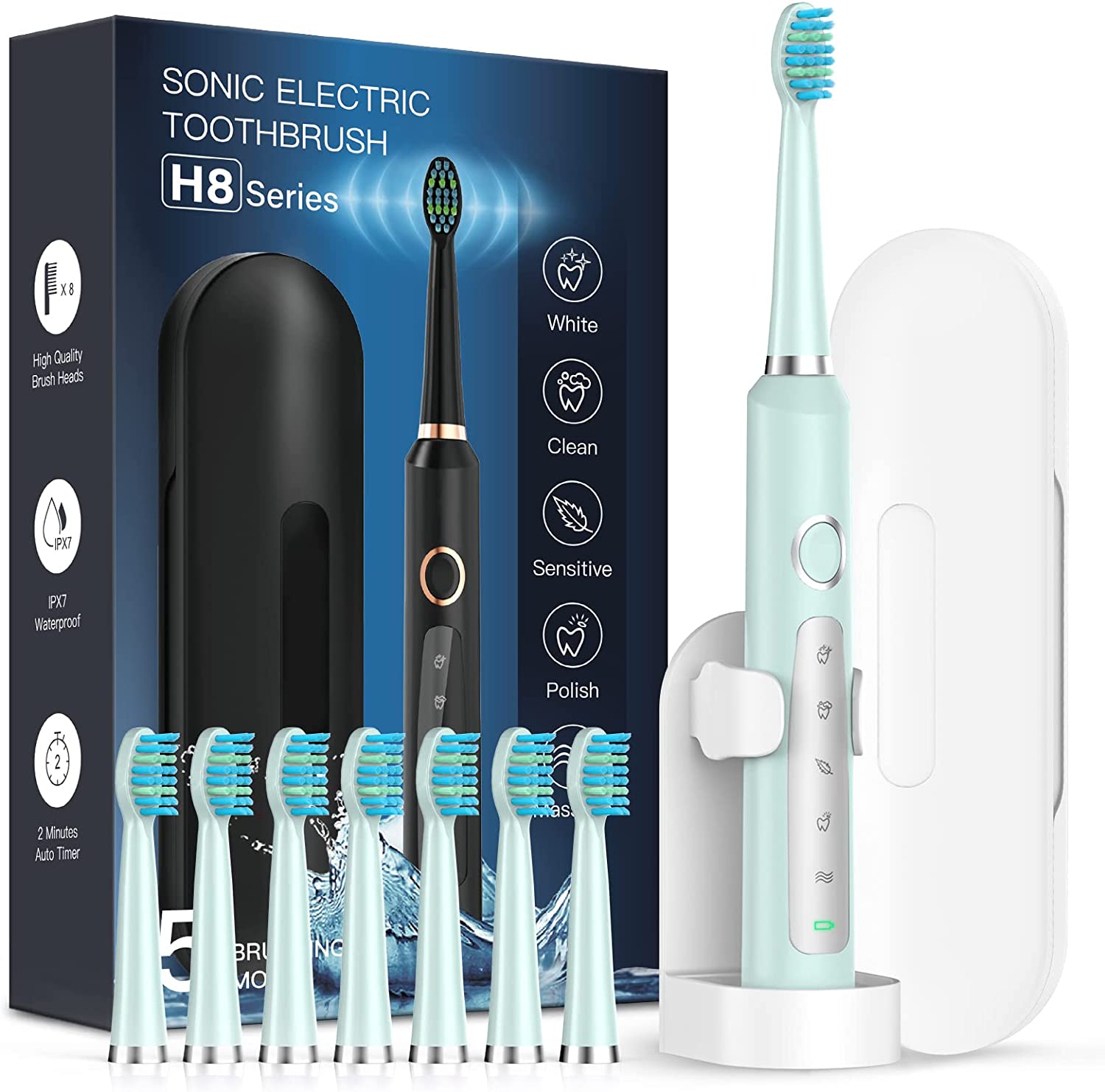 Sonic Electric Toothbrush for Adults - Rechargeable Electric Toothbrushes with 8 Brush Heads, & Travel Case,Teeth Whitening , Power Electric Toothbrush with Holder, Once Charge for 120 Days - H8 Pink