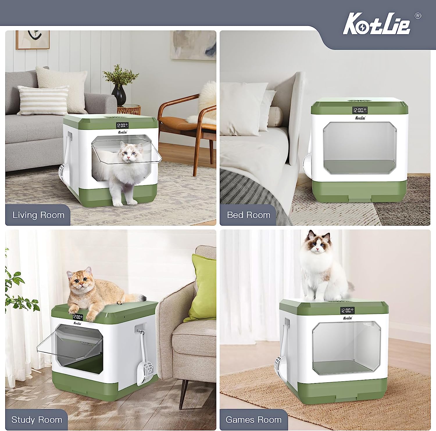 Smart Odor Removal Cat Litter Box, Covered Kitty Litter Box Extra Large Space, Enclosed Litter Box with Lid for Multiple Indoor Cats, Easy Clean, and Assemble, Includes Scoop and Mat