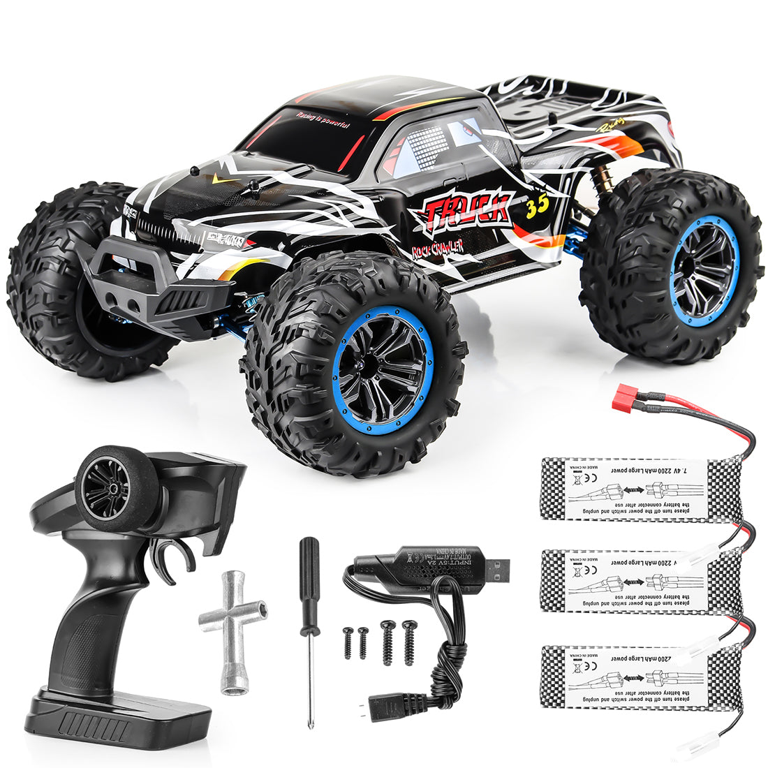 F19A 1/10 4WD 2.4G Metal Brushless High-speed Off-road Vehicle All-terrain Electric Climbing RC Car Monster Truck Model Toy with 3 Batteries - Black