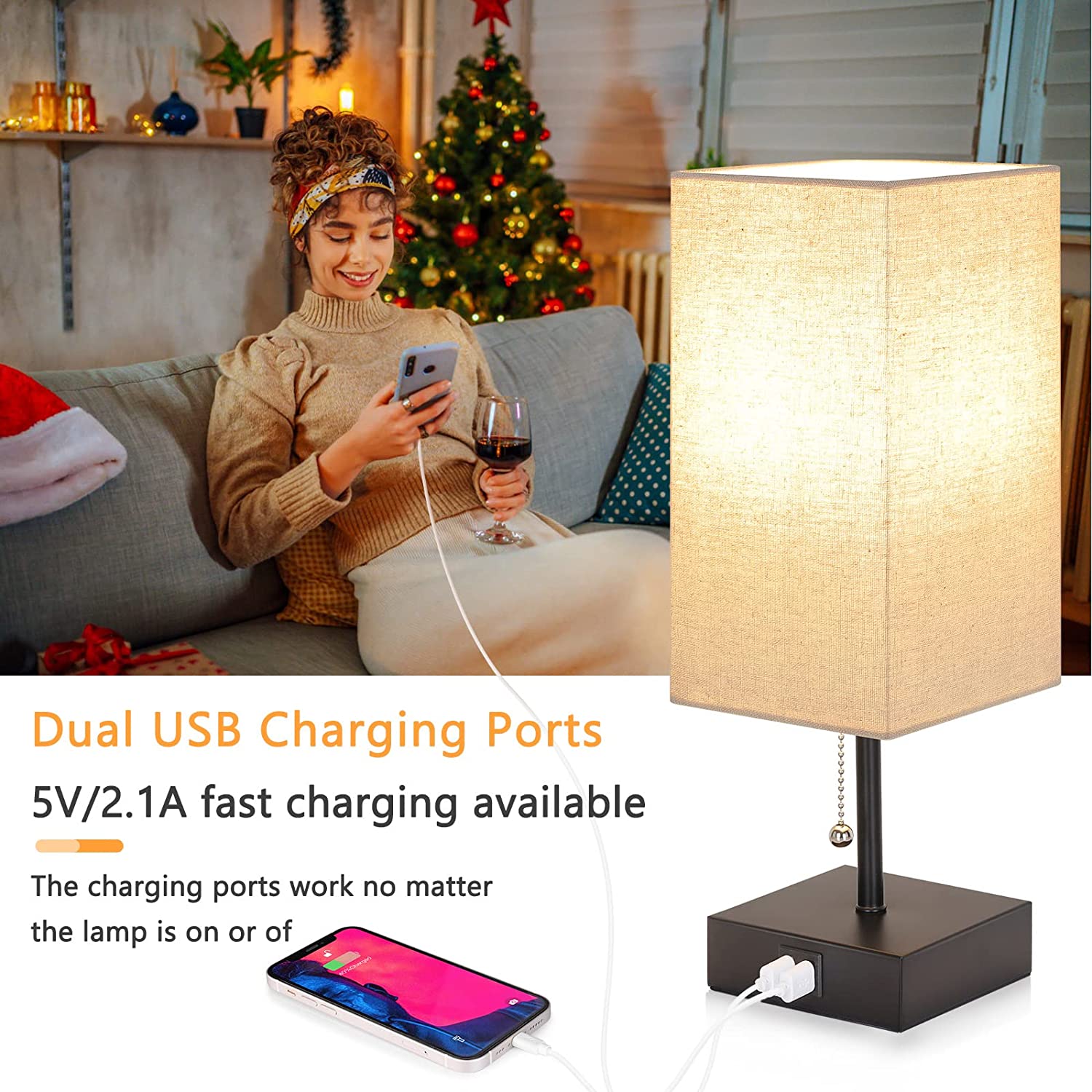 GGOYING Bedside Table Lamp, Pull Chain Table Lamp with Dual USB Charging Ports, 2700K LED Bulb, Fabric Linen Lampshade, Nightstand Lamp for Livingroom Bedroom Office Reading Working