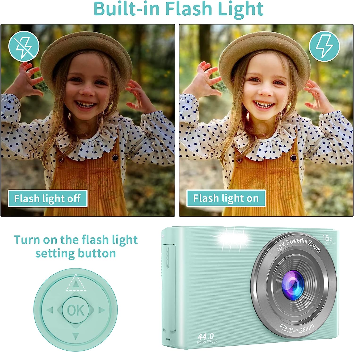 Saneen Digital Camera, FHD 2.7K Cameras for Photography, 44MP Kids Camera Small Compact Digital Camera for Teens, Adults & Beginners with 32GB SD Card, 16X Zoom, Two Rechargeable Batteries-Pink