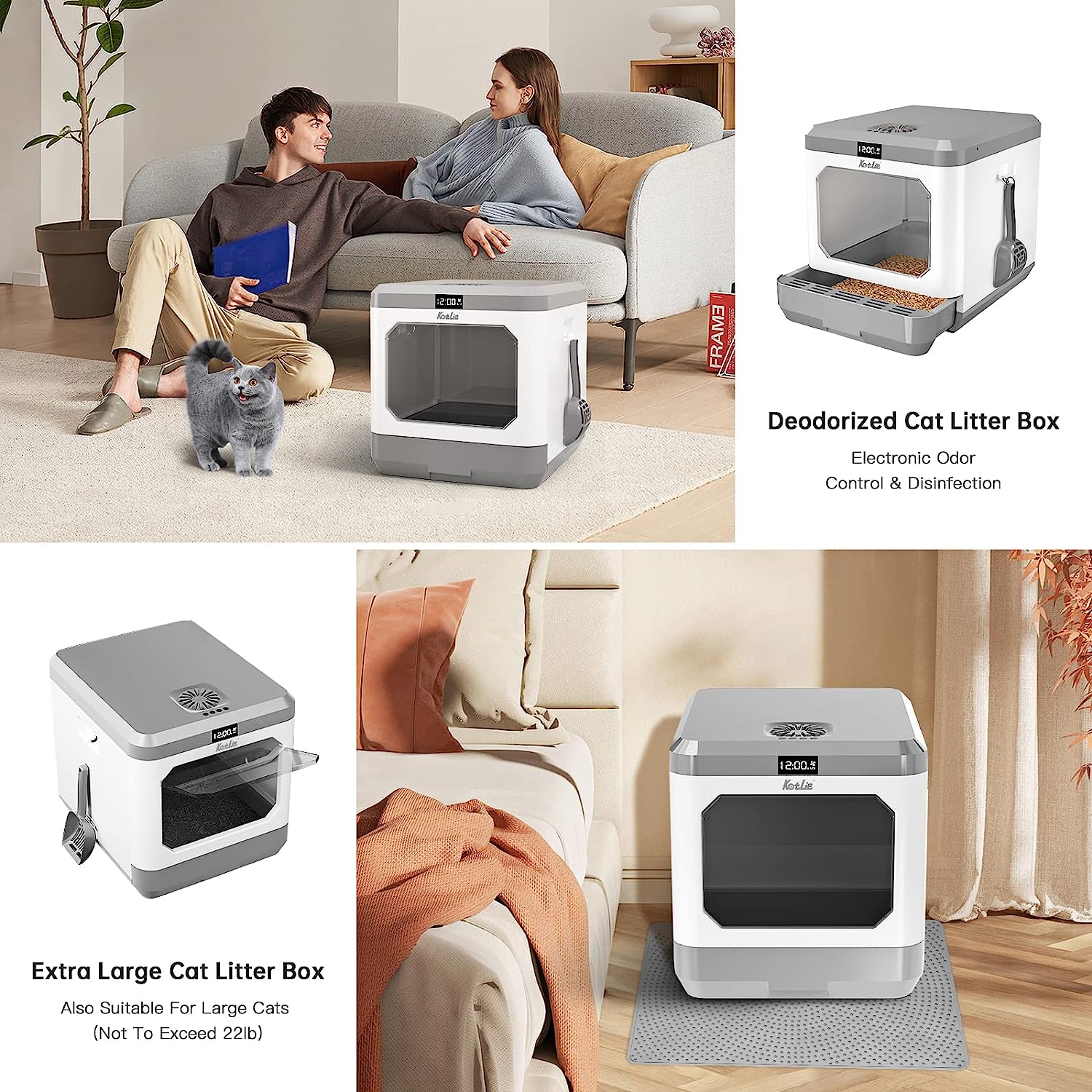 Smart Odor Removal Cat Litter Box, Covered Kitty Litter Box Extra Large Space, Enclosed Litter Box with Lid for Multiple Indoor Cats, Easy Clean, and Assemble, Includes Scoop and Mat