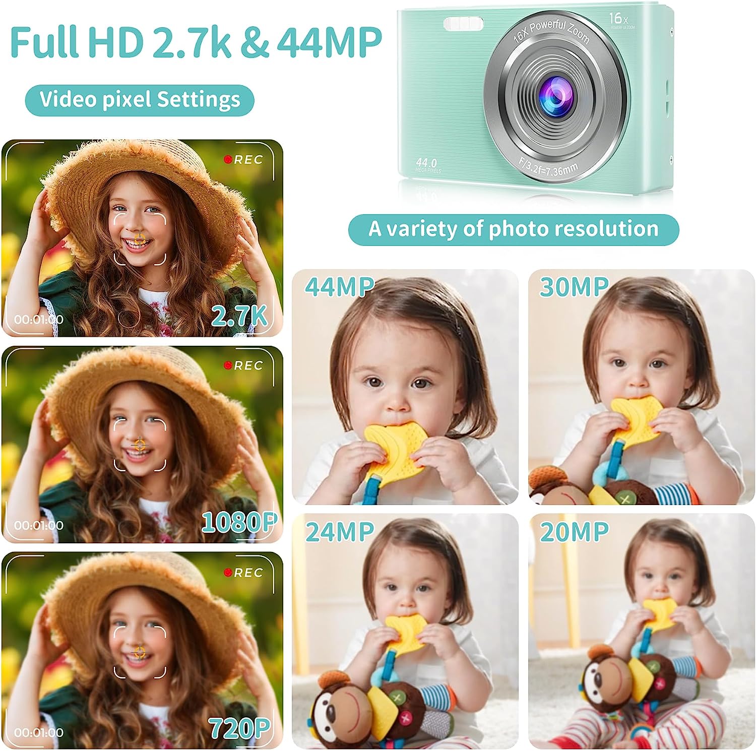 Saneen Digital Camera, FHD 2.7K Cameras for Photography, 44MP Kids Camera Small Compact Digital Camera for Teens, Adults & Beginners with 32GB SD Card, 16X Zoom, Two Rechargeable Batteries-Pink