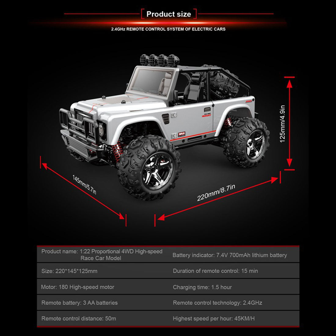 SUBOTECH BG1511 1:22 2.4G Electric RC Car 4 x 4 45KM/H High Speed Desert Off-road Vehicle - RTR