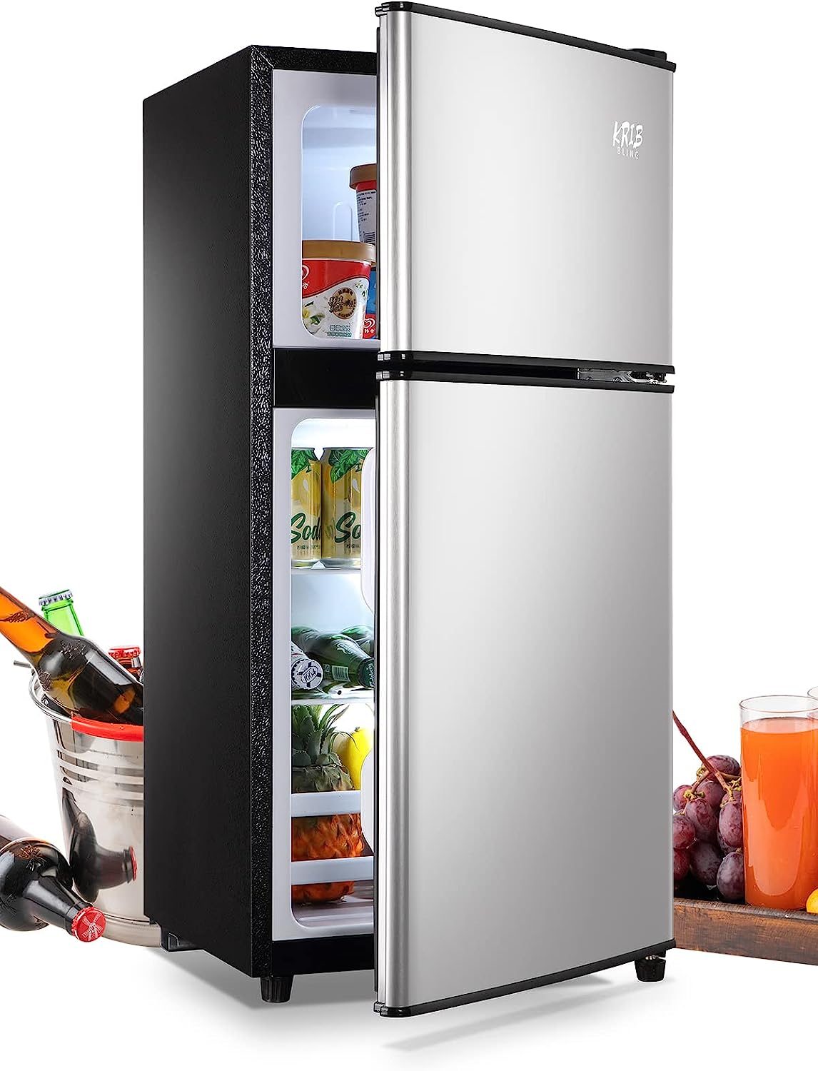 KRIB BLING Mini Fridge with Freezer on Top, 3.5 Cu.Ft Compact Refrigerator with 7 Levels Adjustable Thermostat, Small Fridge for Dorm, Office, RV Camping, Silver