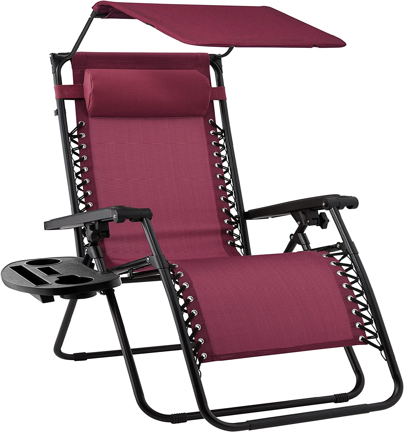 Folding Zero Gravity Outdoor Recliner Patio Lounge Chair w/Adjustable Canopy Shade, Headrest, Side Accessory Tray, Textilene Mesh - Beige