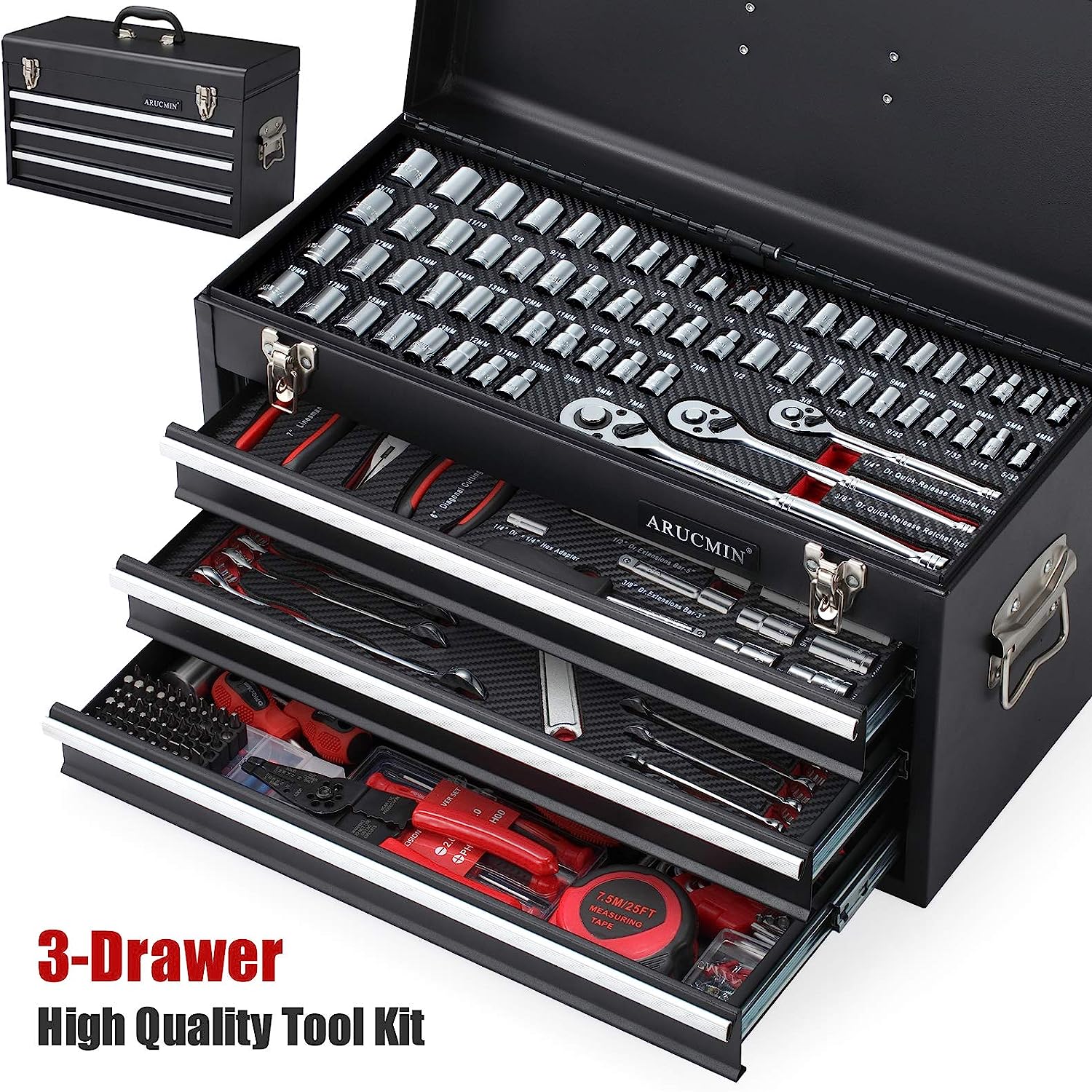ARUCMIN 438-Piece Mechanics Tool Set with 3-Drawer Heavy Duty Metal Box Repair Tool Kit