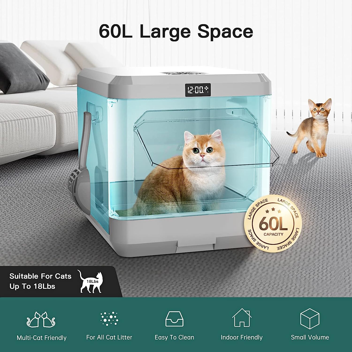 Smart Odor Removal Cat Litter Box, Covered Kitty Litter Box Extra Large Space, Enclosed Litter Box with Lid for Multiple Indoor Cats, Easy Clean, and Assemble, Includes Scoop and Mat