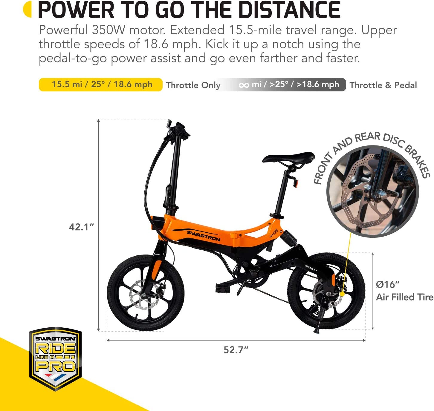 Swagtron Swagcycle EB-7 Elite Plus Folding Electric Bike with Removable Battery, Orange/Black, 16