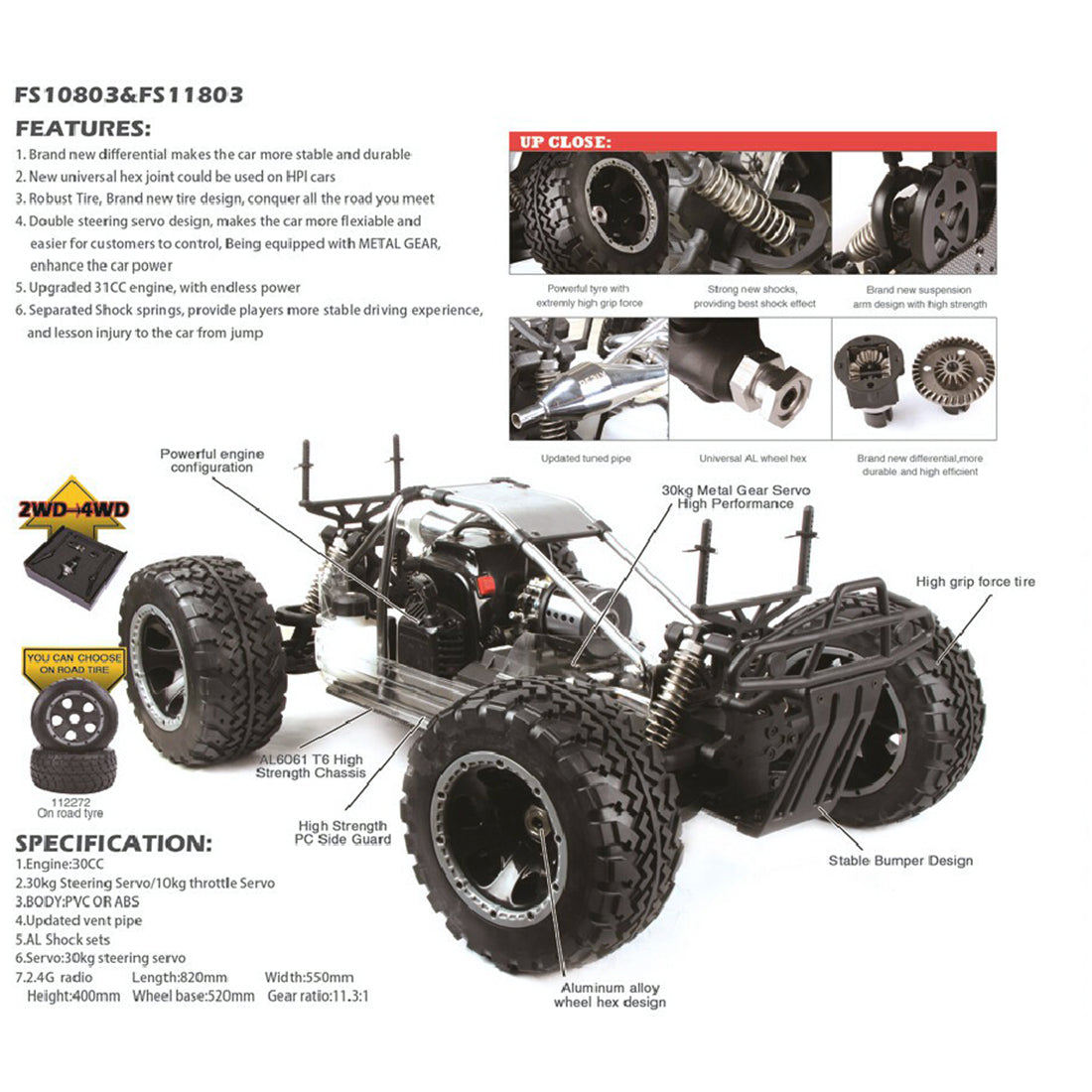 FS Racing 11803 1:5 2.4G RC Car 4WD 80KM/H High Speed Monster Trucks 30CC Gasoline Engine - RTR