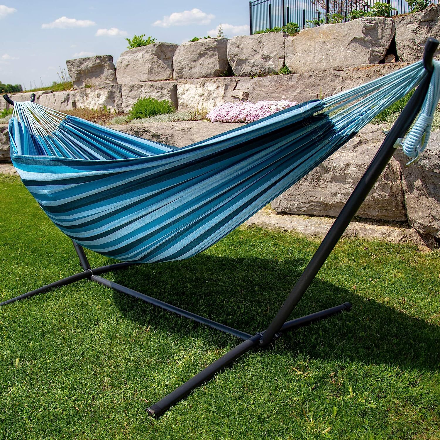 Double Cotton Hammock with Space Saving Steel Stand, Tropical (450 lb Capacity - Premium Carry Bag Included)