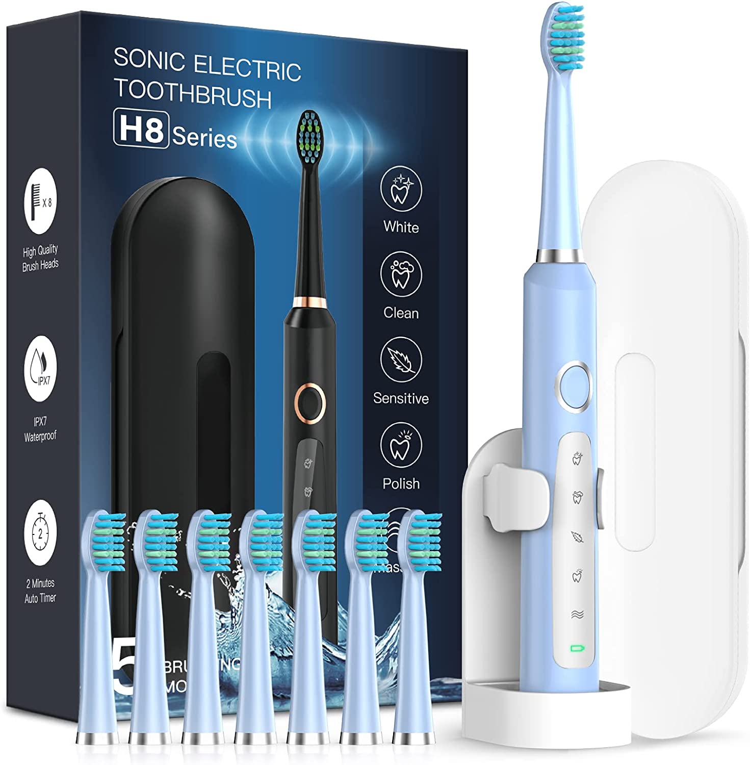 Sonic Electric Toothbrush for Adults - Rechargeable Electric Toothbrushes with 8 Brush Heads, & Travel Case,Teeth Whitening , Power Electric Toothbrush with Holder, Once Charge for 120 Days - H8 Pink