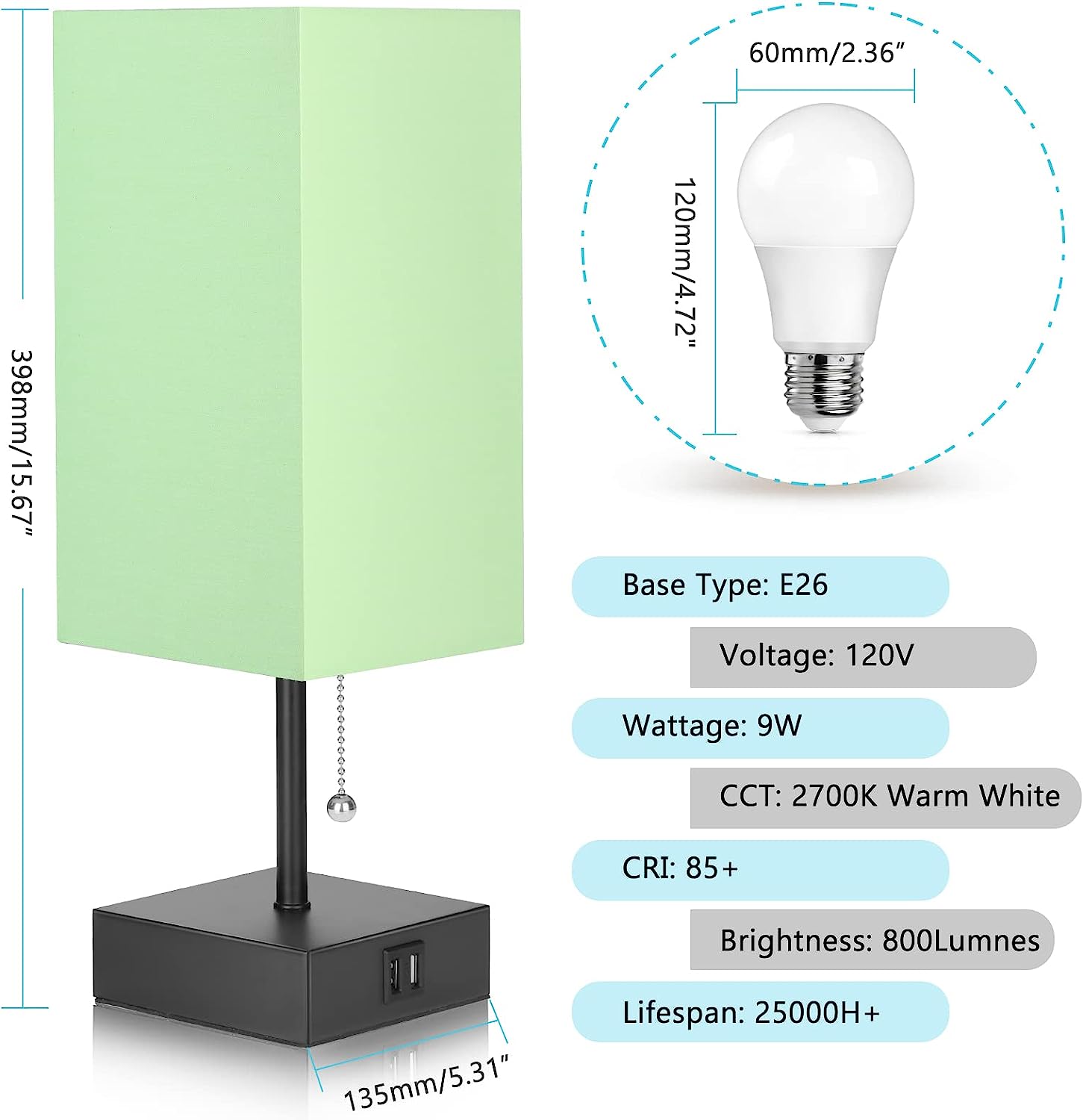 GGOYING Bedside Table Lamp, Pull Chain Table Lamp with Dual USB Charging Ports, 2700K LED Bulb, Fabric Linen Lampshade, Nightstand Lamp for Livingroom Bedroom Office Reading Working