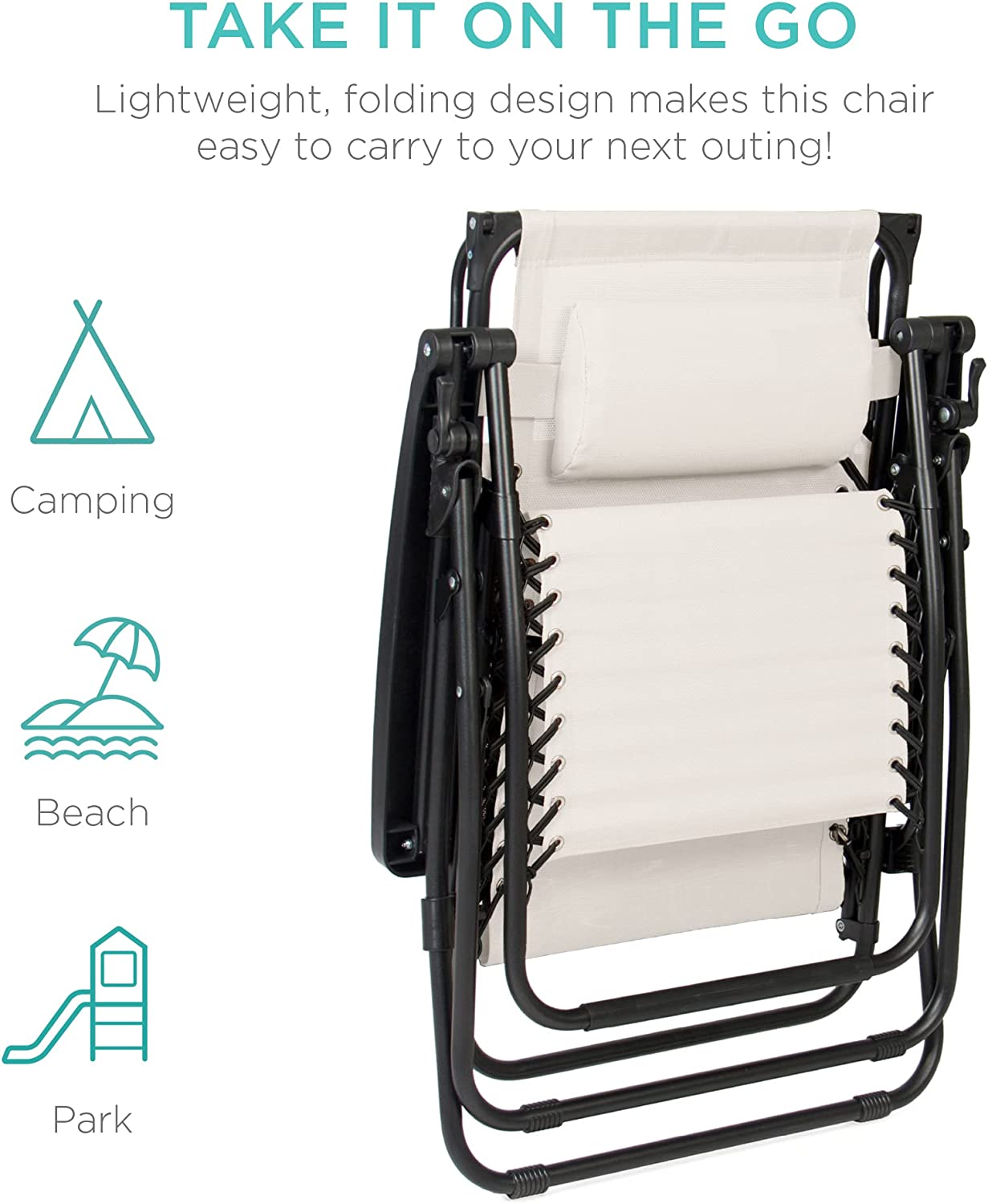 Folding Zero Gravity Outdoor Recliner Patio Lounge Chair w/Adjustable Canopy Shade, Headrest, Side Accessory Tray, Textilene Mesh - Beige