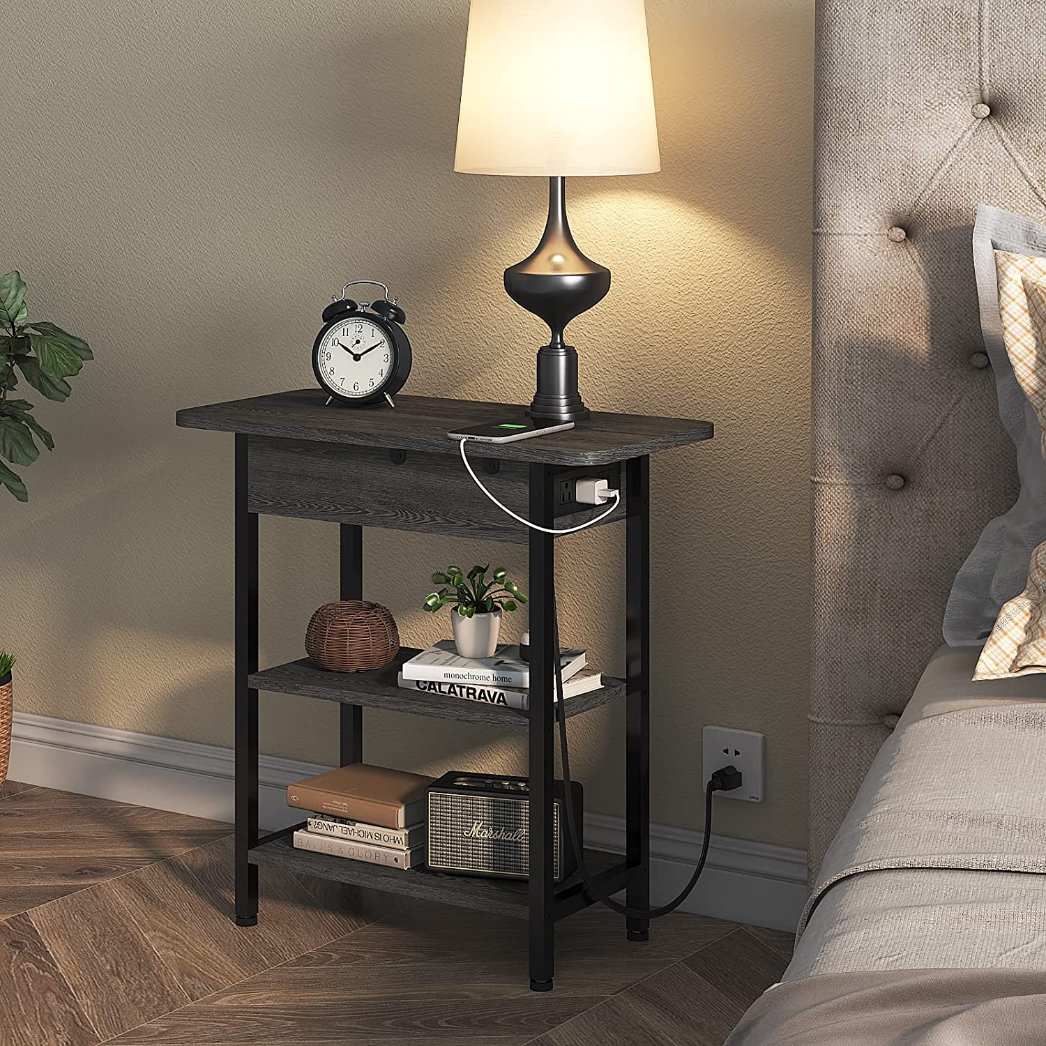 End Table with Charging Station, Flip Top Side Table with USB Ports and Outlets, Nightstand for Small Spaces, Bedside Tables with Storage Shelf for Living Room, Bedroom