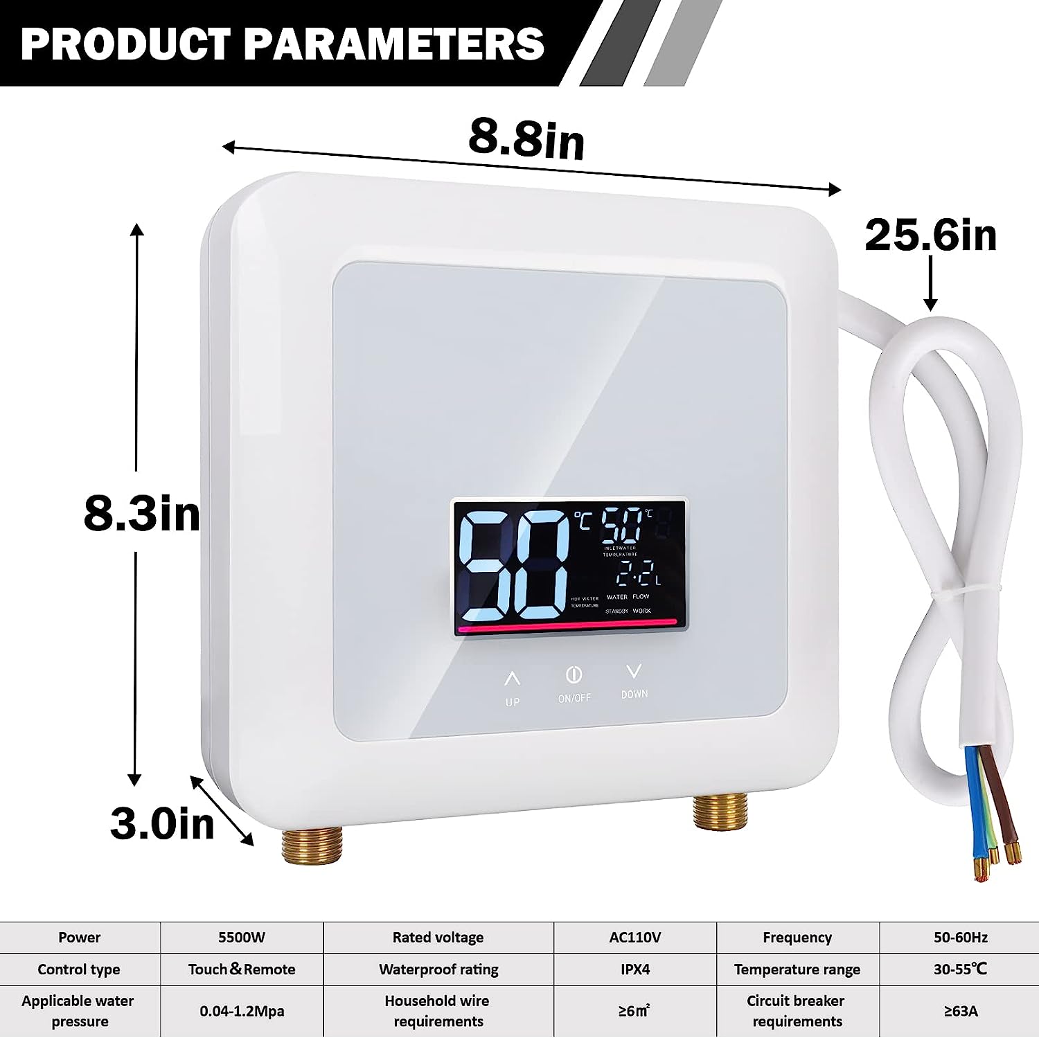 Tankless Water Heater Electric 5500W 110V,Constant Temperature Instant Hot Water Heater with Remote Control Digital Display RV water heater for Home Kitchen Indoor(White)(Can't Use Socket)