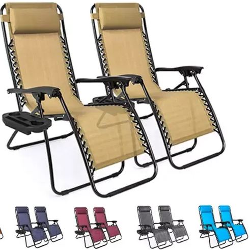 Set of 2 Adjustable Steel Mesh Zero Gravity Lounge Chair Recliners w/Pillows and Cup Holder Trays