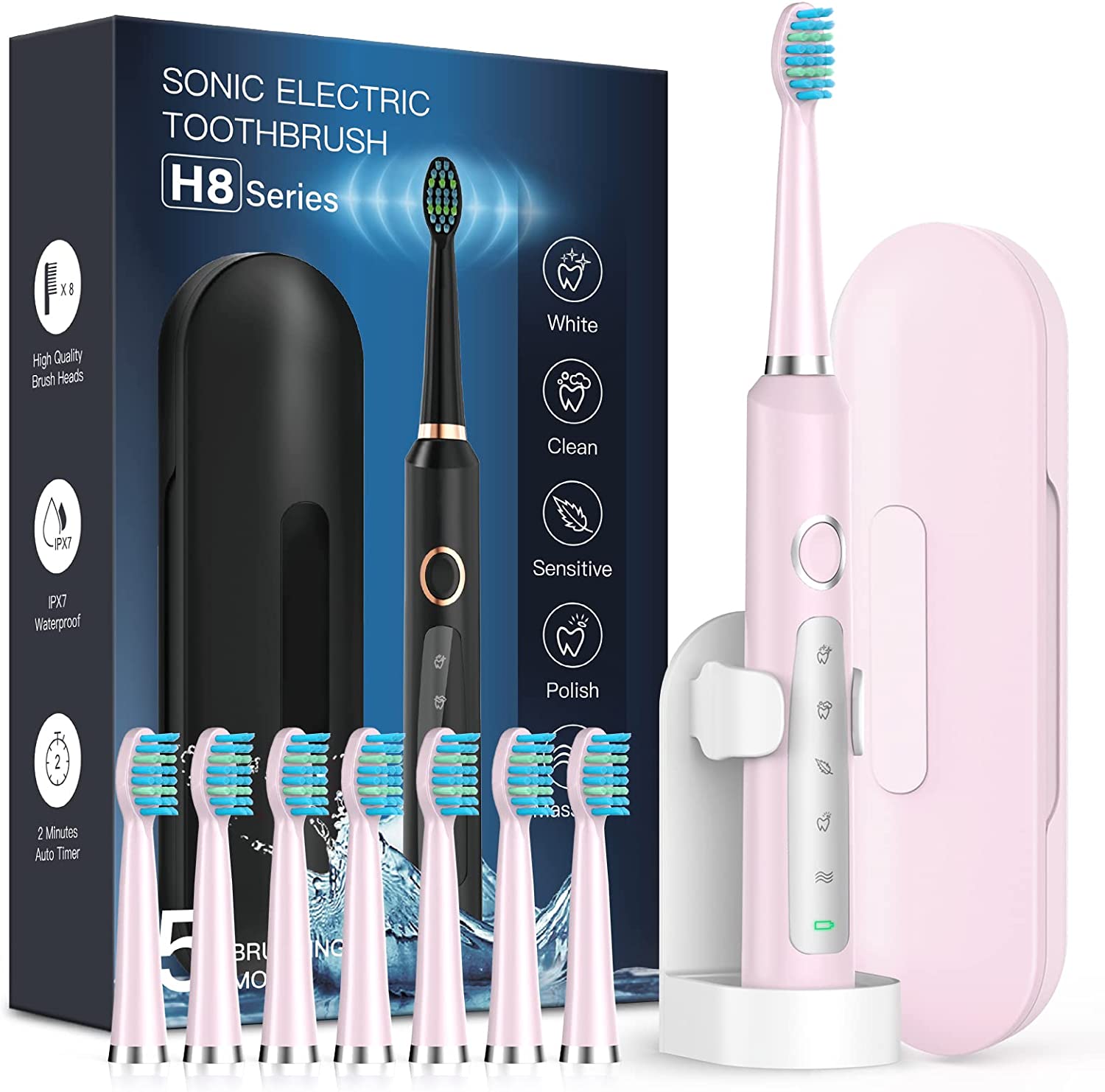 Sonic Electric Toothbrush for Adults - Rechargeable Electric Toothbrushes with 8 Brush Heads, & Travel Case,Teeth Whitening , Power Electric Toothbrush with Holder, Once Charge for 120 Days - H8 Pink