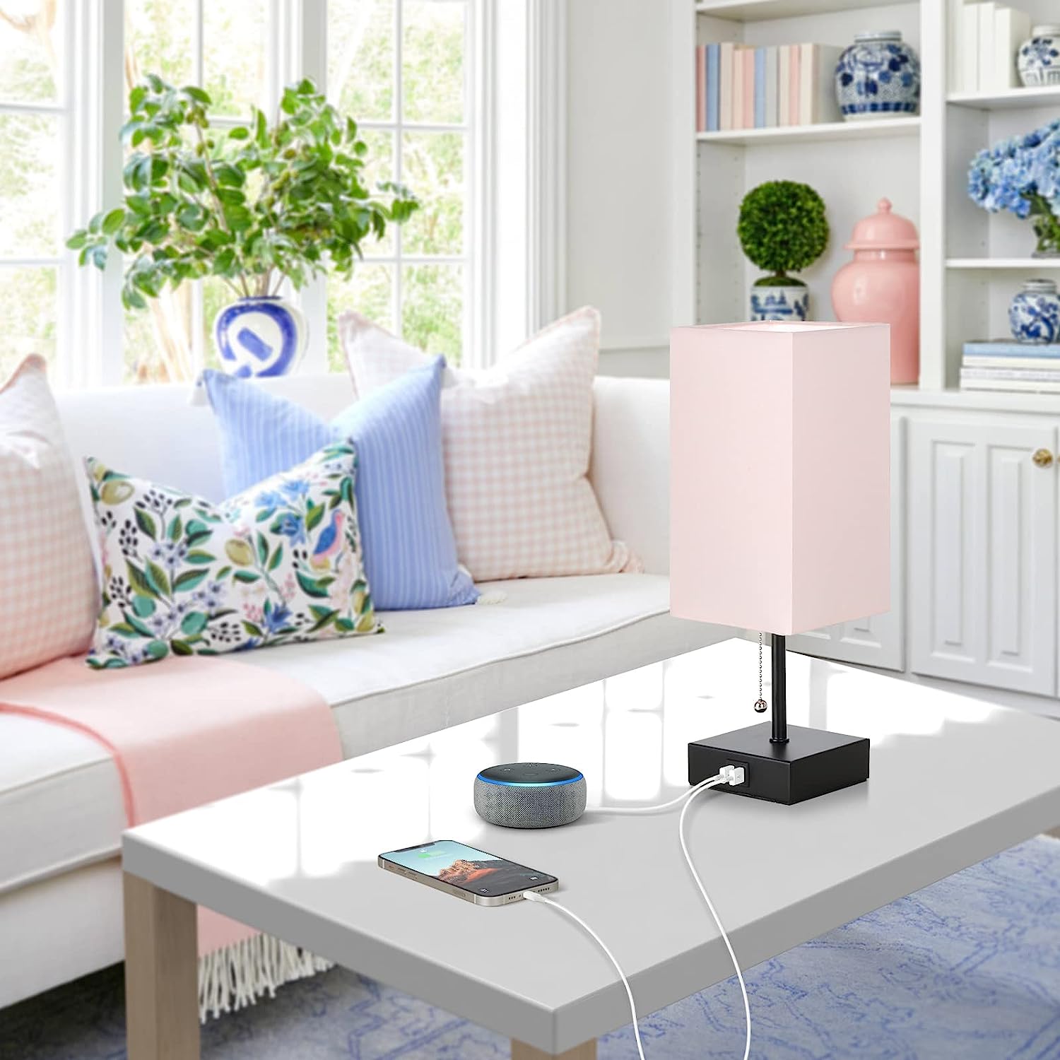 GGOYING Bedside Table Lamp, Pull Chain Table Lamp with Dual USB Charging Ports, 2700K LED Bulb, Fabric Linen Lampshade, Nightstand Lamp for Livingroom Bedroom Office Reading Working