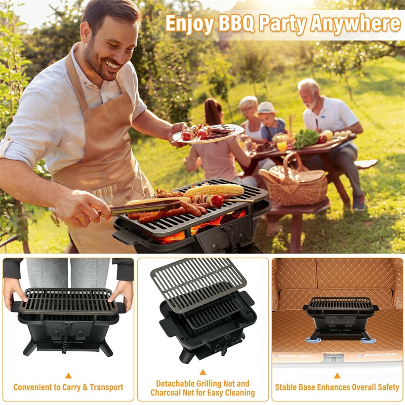 Portable Cast Iron Charcoal Grill with Double-sided Grilling Net for Camping Picnic