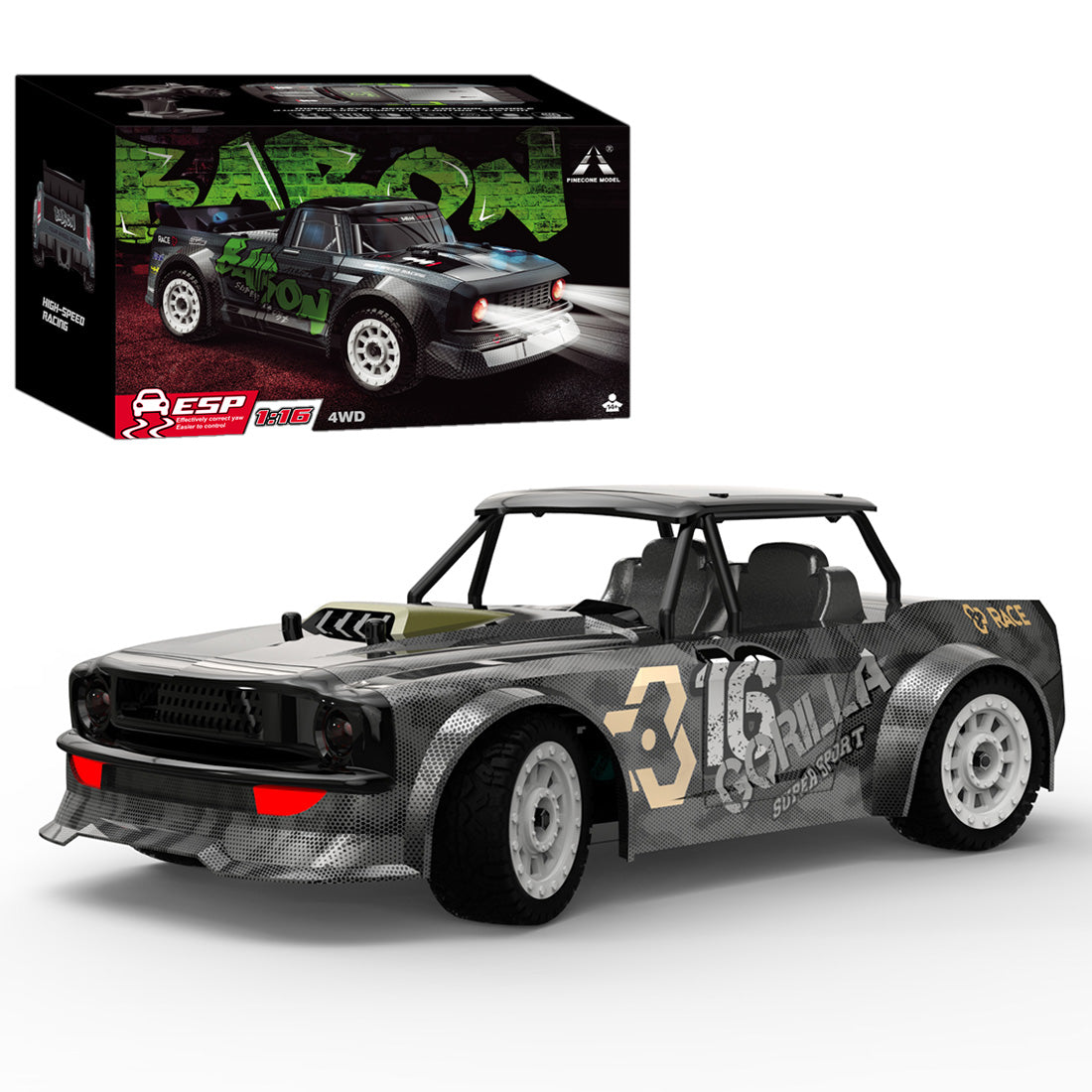 RC Car 1/16 50KM/H 4CH 4WD 2.4G Full Scale Brushless High-speed Racing Car Drifting RC Car with Front Lights - RTR Brushless Version (Grey Golden)