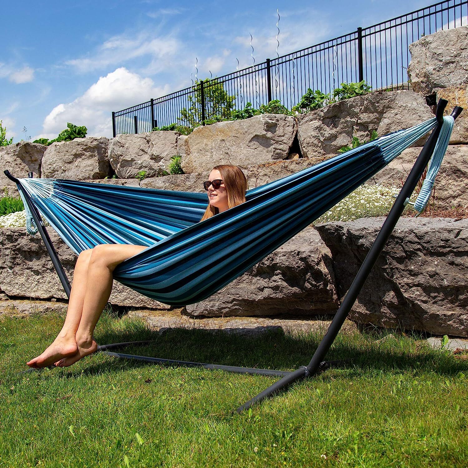 Double Cotton Hammock with Space Saving Steel Stand, Tropical (450 lb Capacity - Premium Carry Bag Included)