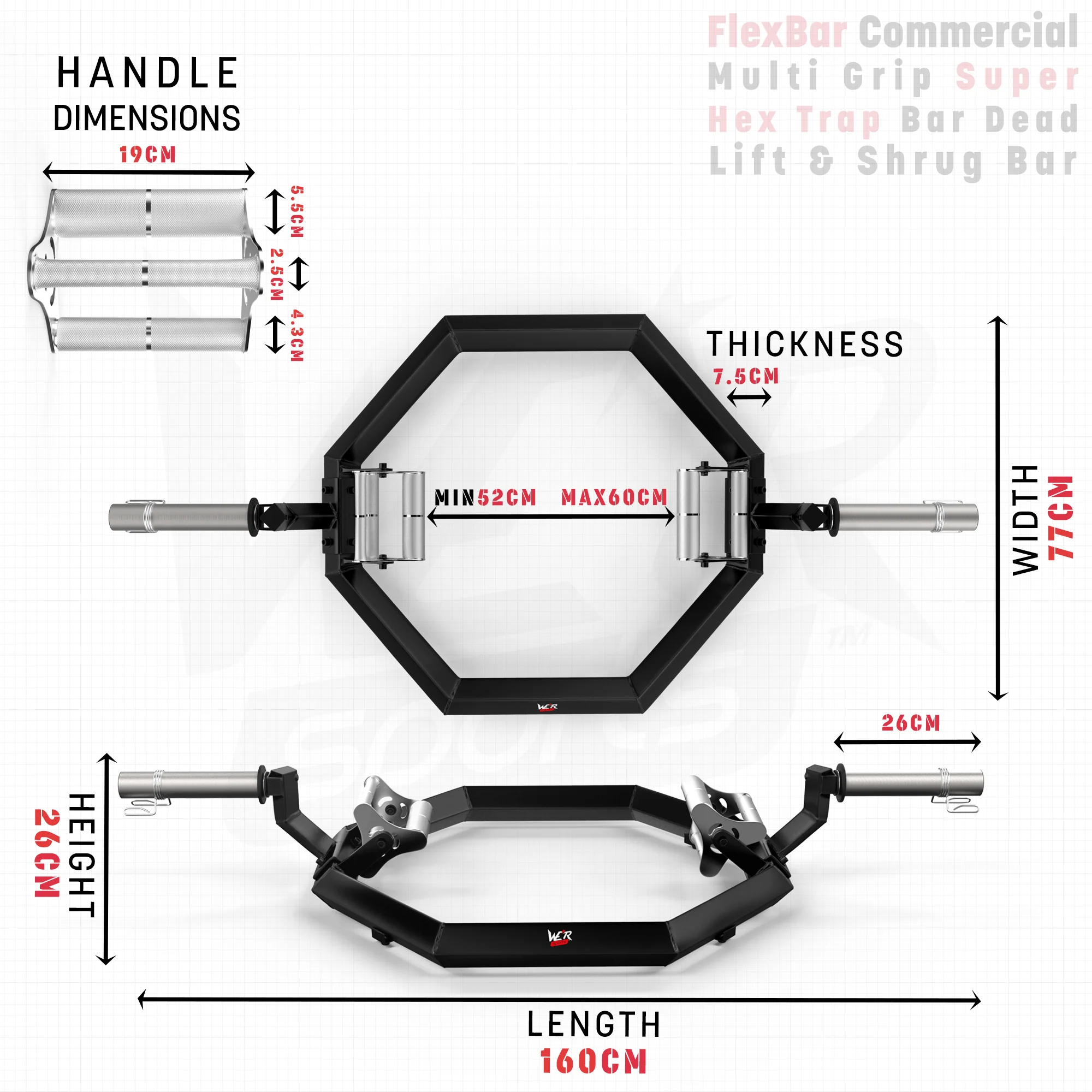 FlexBar Commercial Multi Grip Super Hex Trap Bar Dead Lift & Shrug Bar