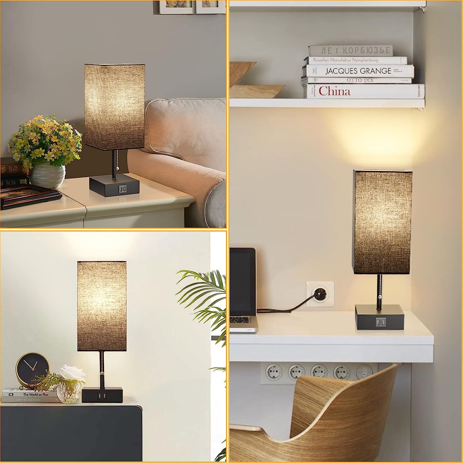 GGOYING Bedside Table Lamp, Pull Chain Table Lamp with Dual USB Charging Ports, 2700K LED Bulb, Fabric Linen Lampshade, Nightstand Lamp for Livingroom Bedroom Office Reading Working