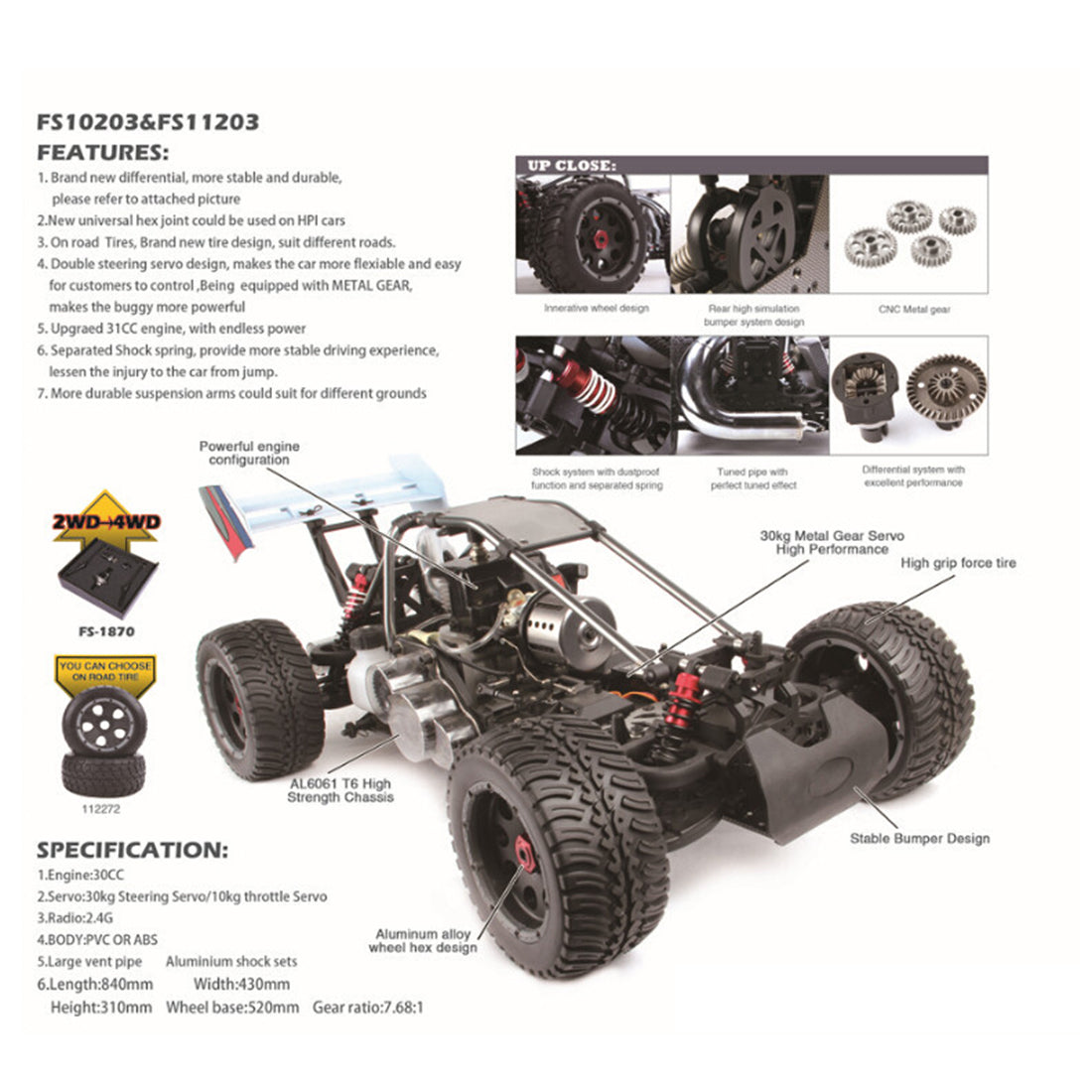FS Racing 11203 1:5 2.4G RC Car 4WD 80KM/H High Speed Monster Trucks 30CC Gasoline Engine - RTR