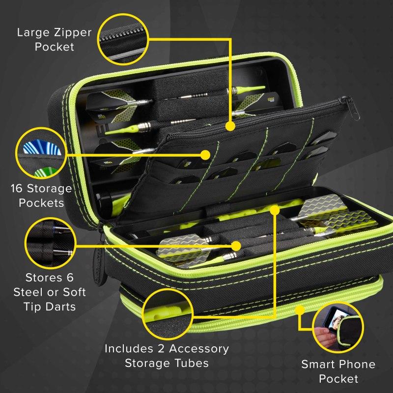 Casemaster Plazma Pro Dart Case Black with Yellow Trim and Phone Pocket