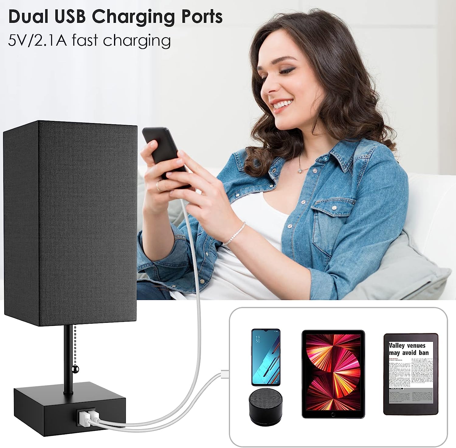 GGOYING Bedside Table Lamp, Pull Chain Table Lamp with Dual USB Charging Ports, 2700K LED Bulb, Fabric Linen Lampshade, Nightstand Lamp for Livingroom Bedroom Office Reading Working