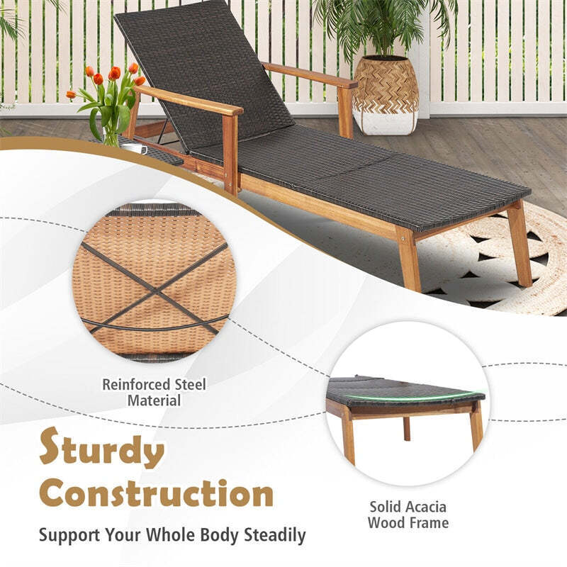 3 Piece Wicker Outdoor Lounge Chair Set Acacia Wood Chaise Lounge with Folding Side Table