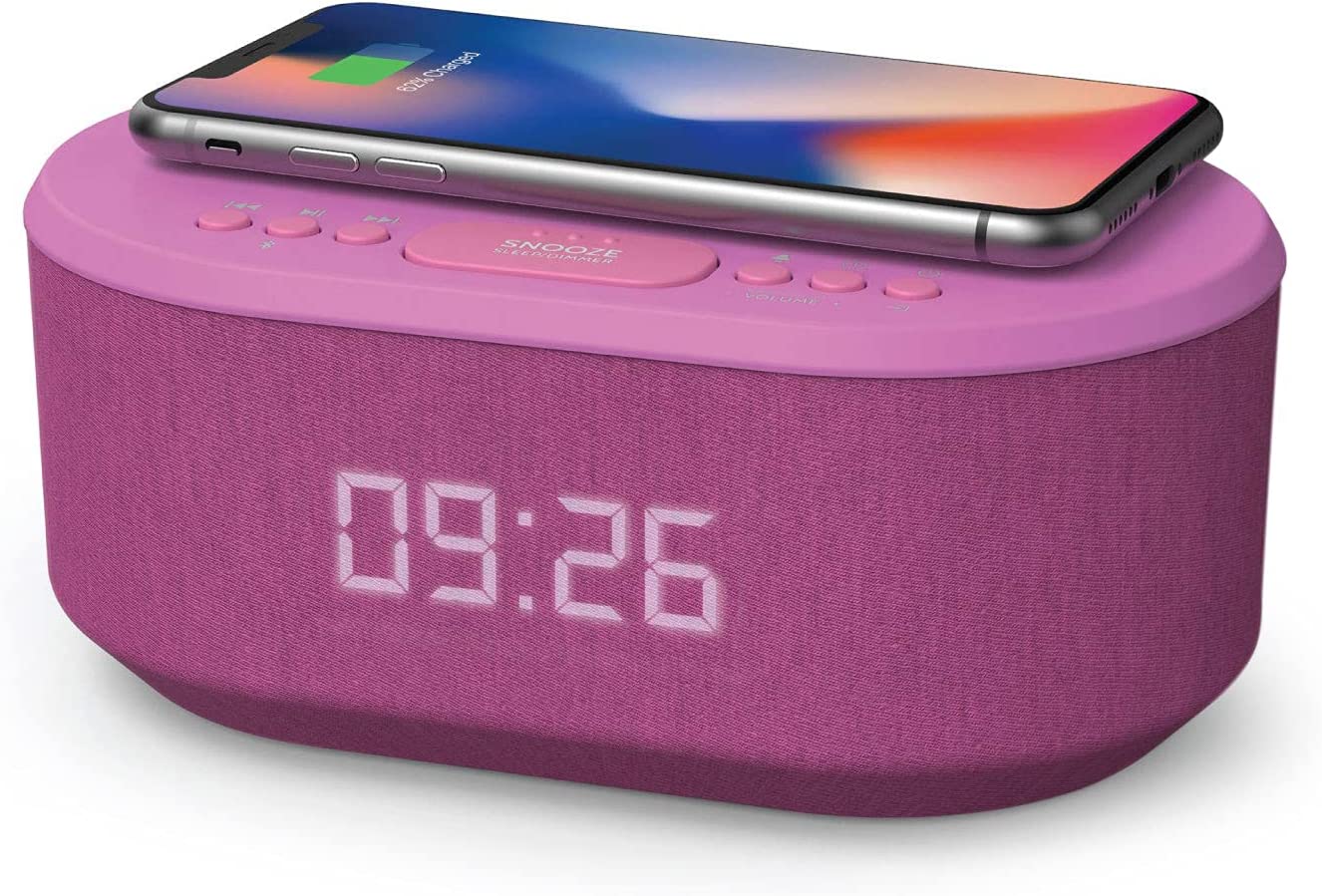 i-box Bedside Radio Alarm Clock with USB Charger, Bluetooth Speaker, QI Wireless Charging, Dual Alarm Dimmable LED Display (Grey)