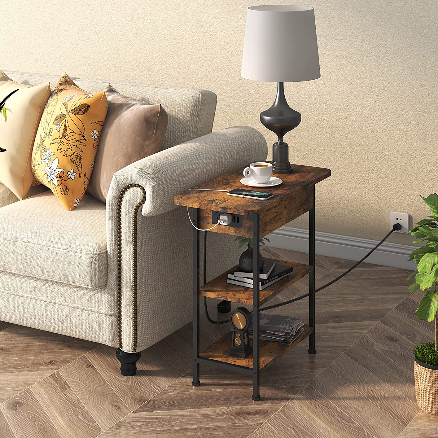 End Table with Charging Station, Flip Top Side Table with USB Ports and Outlets, Nightstand for Small Spaces, Bedside Tables with Storage Shelf for Living Room, Bedroom