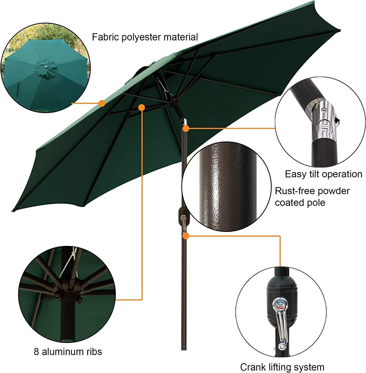 9' Outdoor Market Patio Umbrella with Push Button Tilt and Crank, 8 Ribs (Tan)