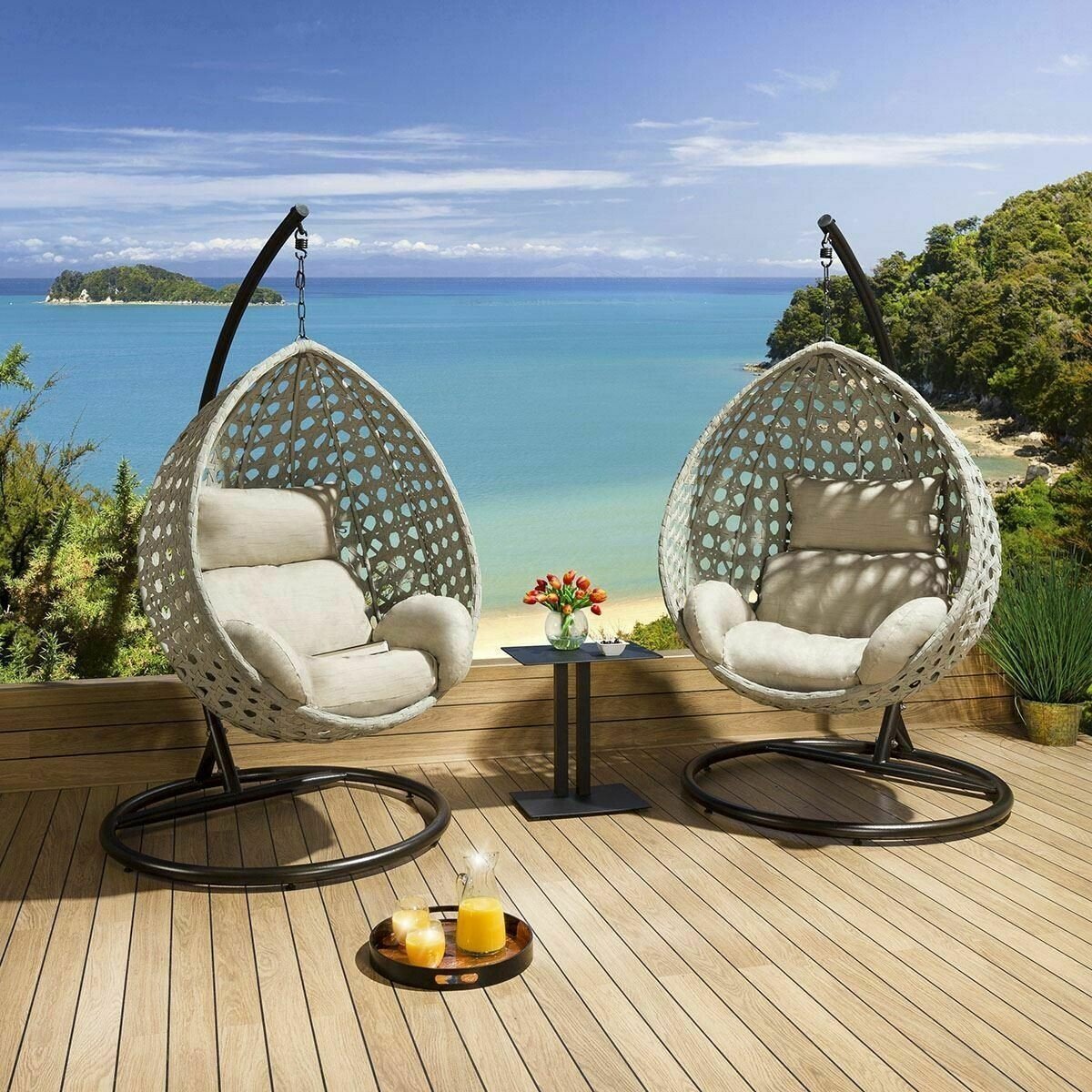 Set of 2 Luxury Extra Large Outdoor Hanging Pod Chairs Grey Rope Table
