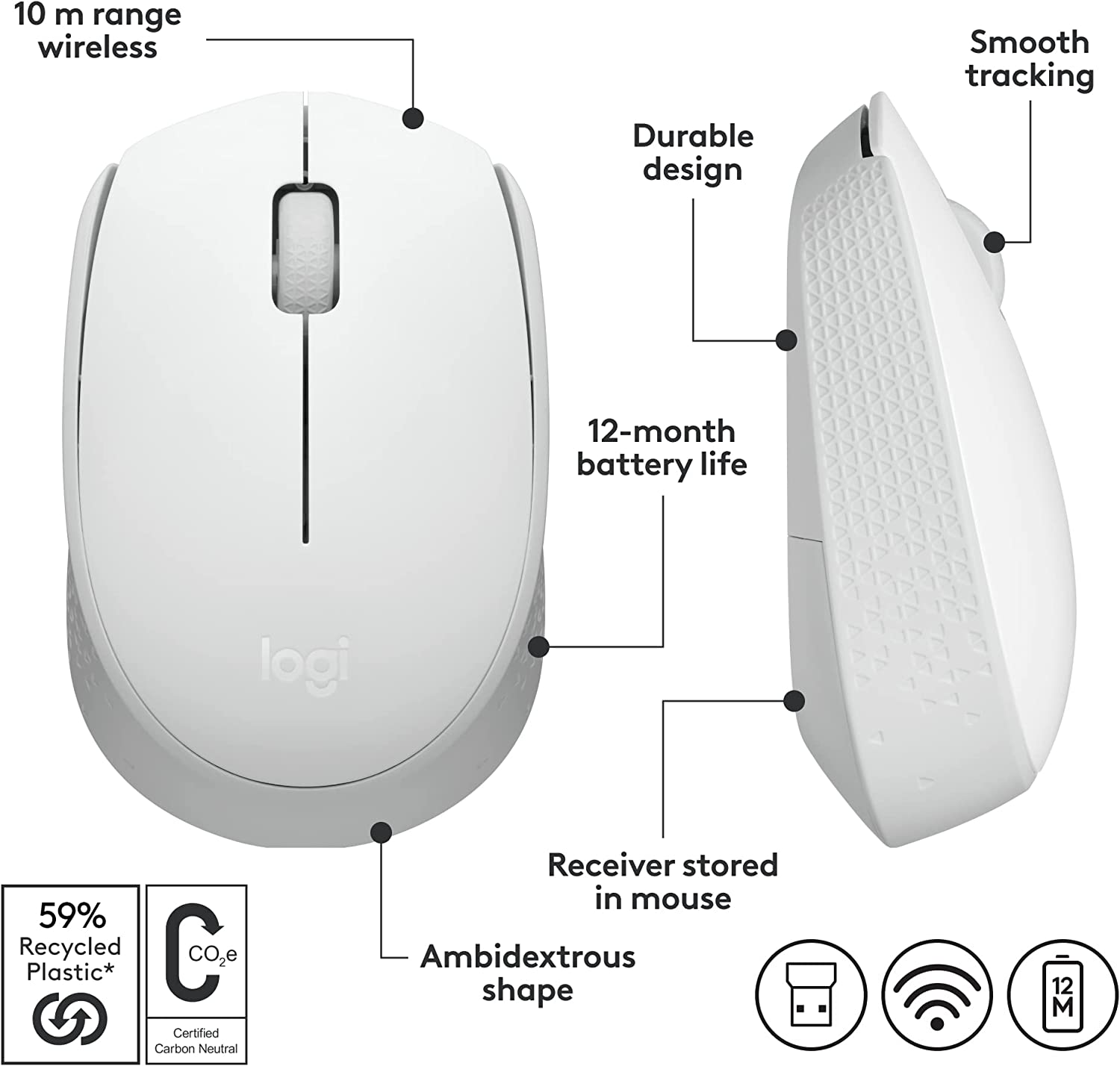 Logitech M170 Wireless Mouse for PC, Mac, Laptop, 2.4 GHz with USB Mini Receiver, Optical Tracking, 12-Months Battery Life, Ambidextrous - Blue Grey