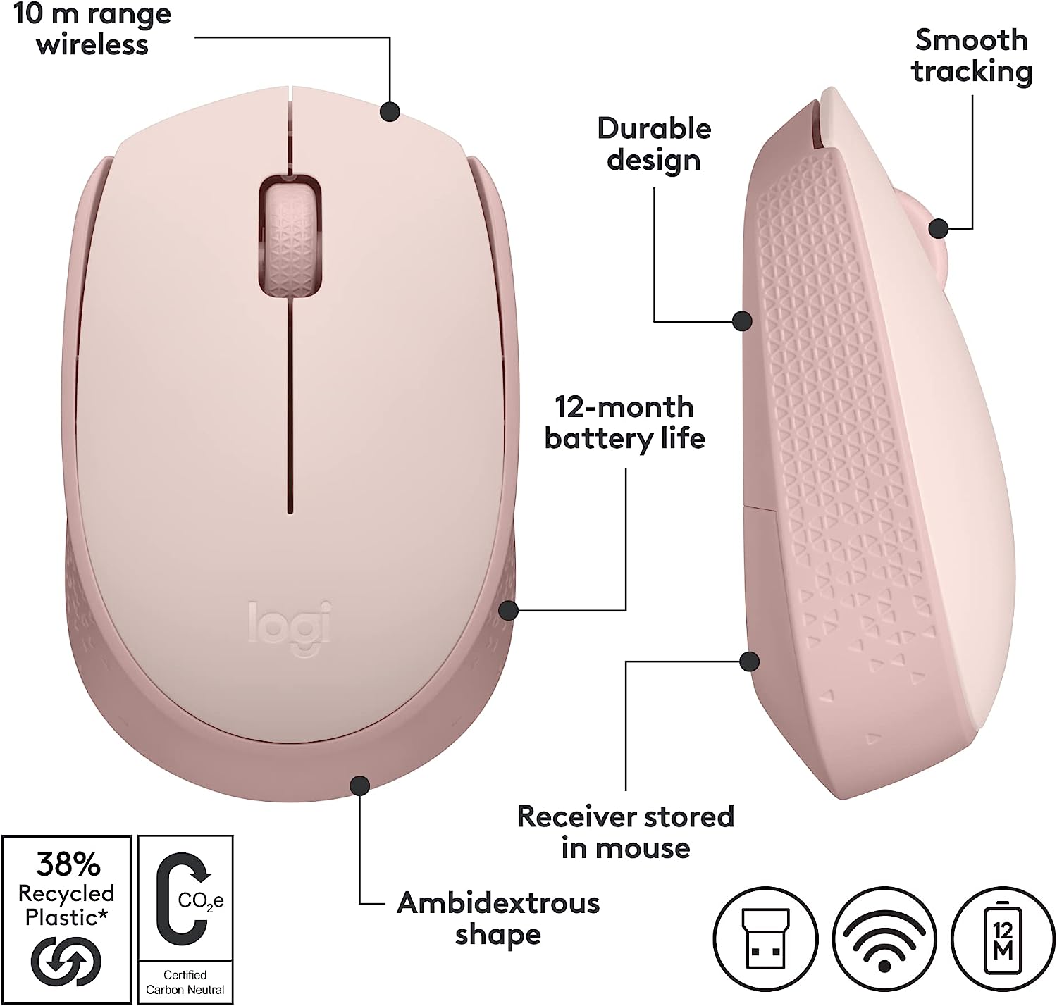 Logitech M170 Wireless Mouse for PC, Mac, Laptop, 2.4 GHz with USB Mini Receiver, Optical Tracking, 12-Months Battery Life, Ambidextrous - Blue Grey