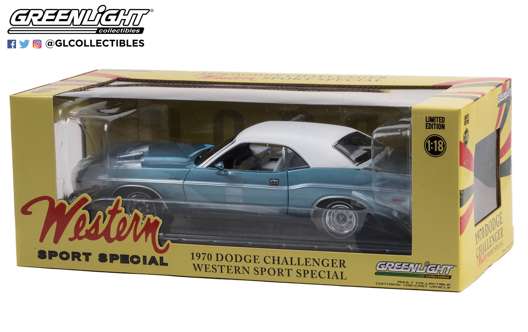 GreenLight 1:18 1970 Dodge Challenger - Western Sport Special - Light Blue Poly with Vinyl Roof and White Interior 13644