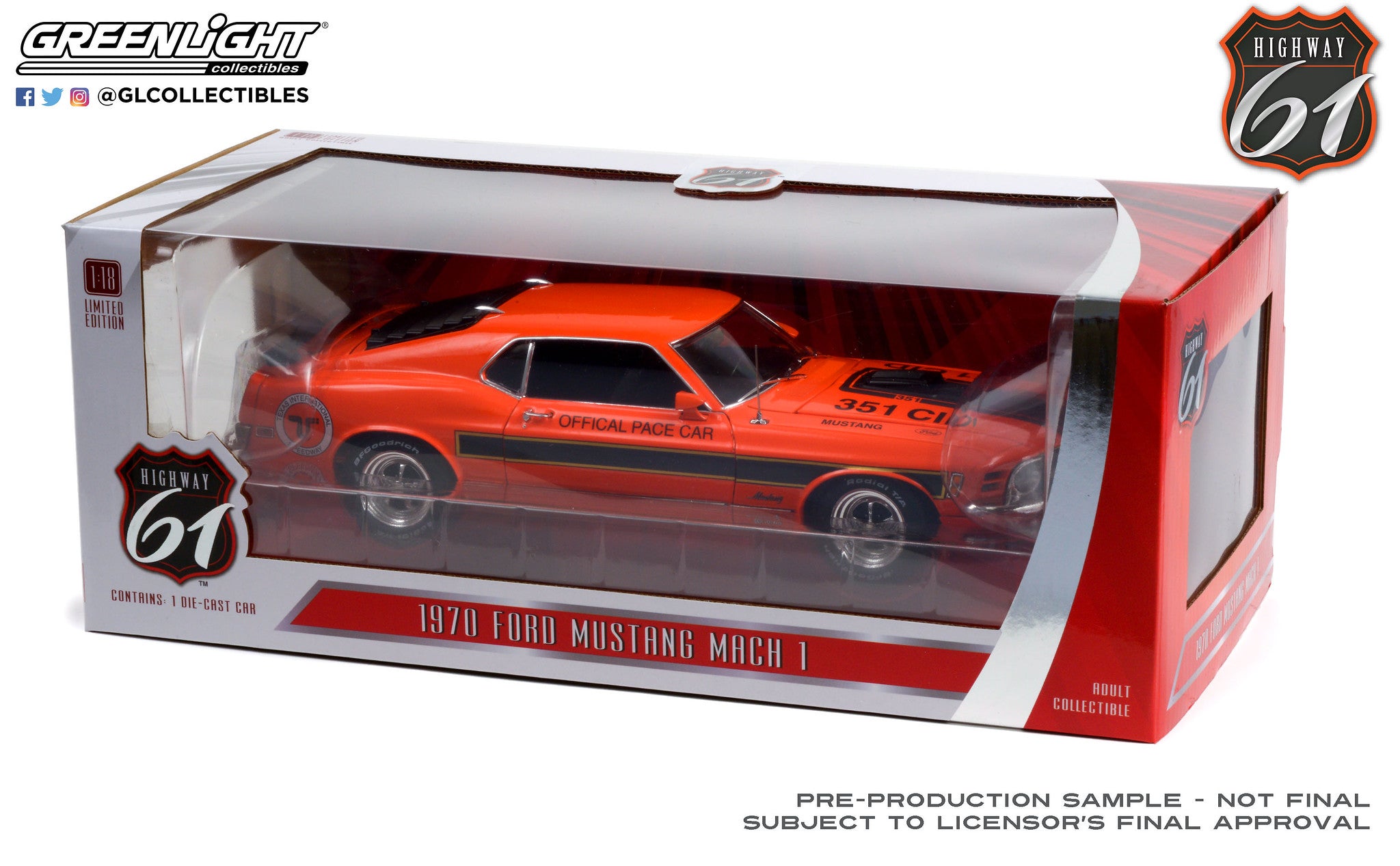 Highway 61 1:18 1970 Ford Mustang Mach 1 - Texas International Speedway Official Pace Car (1 of 1 Produced) HWY-18033