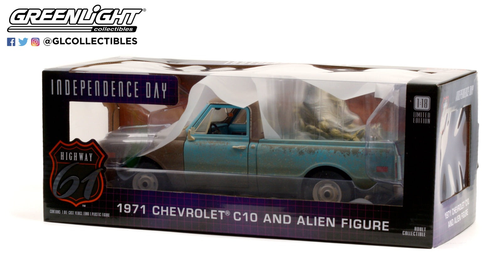 Highway 61 1:18 Independence Day (1996) - 1971 Chevrolet C-10 with Alien Figure HWY-18021