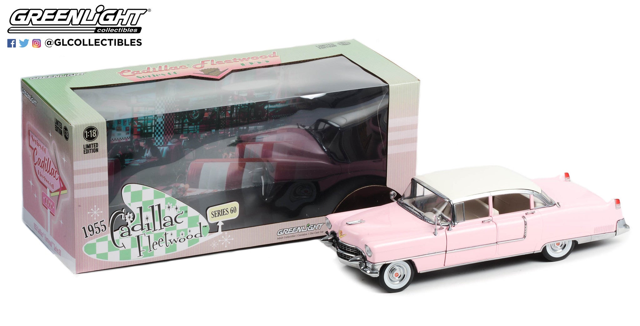 GreenLight 1:18 1955 Cadillac Fleetwood Series 60 - Pink with White Roof 13648