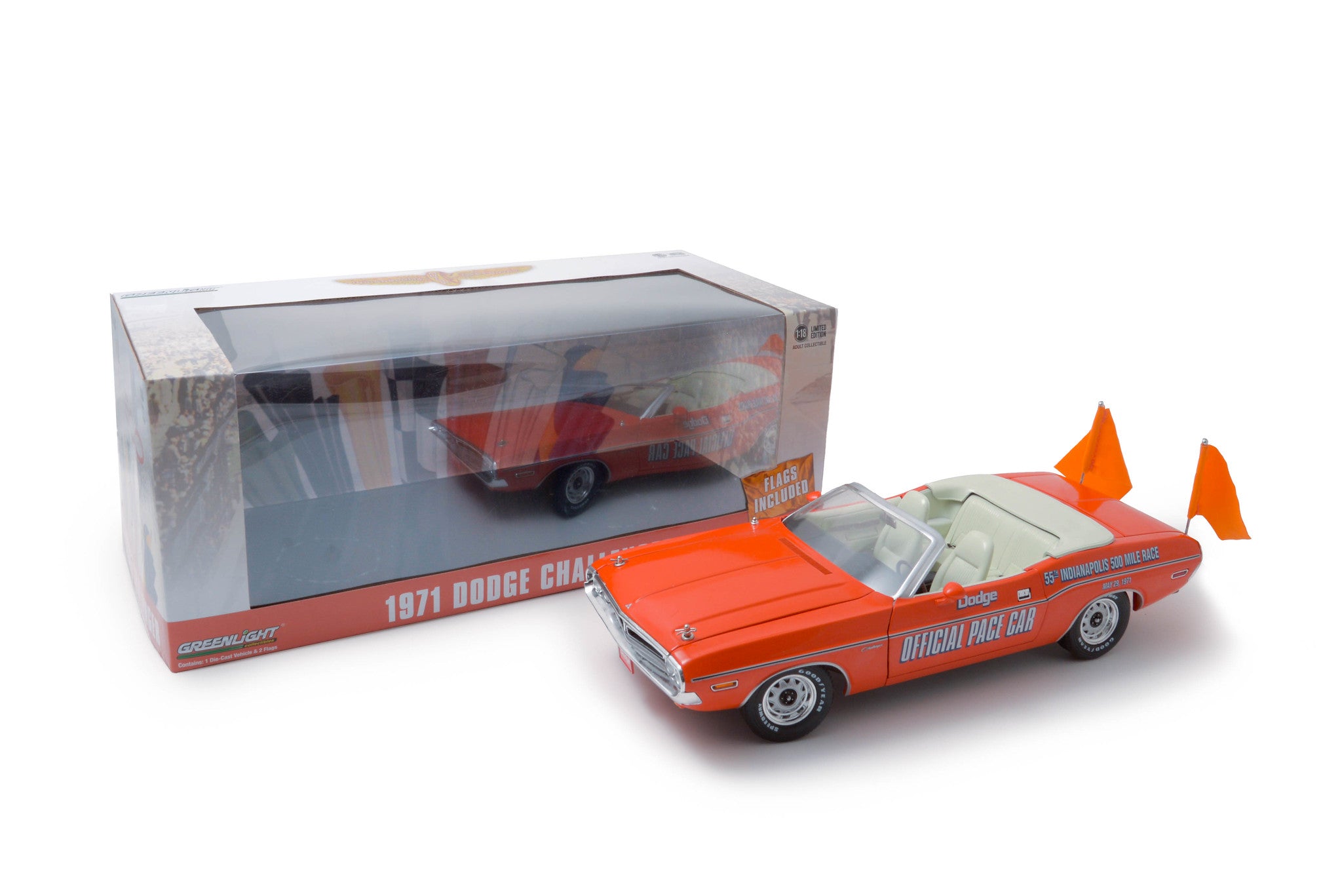 GreenLight 1:18 1971 Dodge Challenger Convertible 55th Indianapolis 500 Mile Race Dodge Official Pace Car (with Orange Flags included) 13569