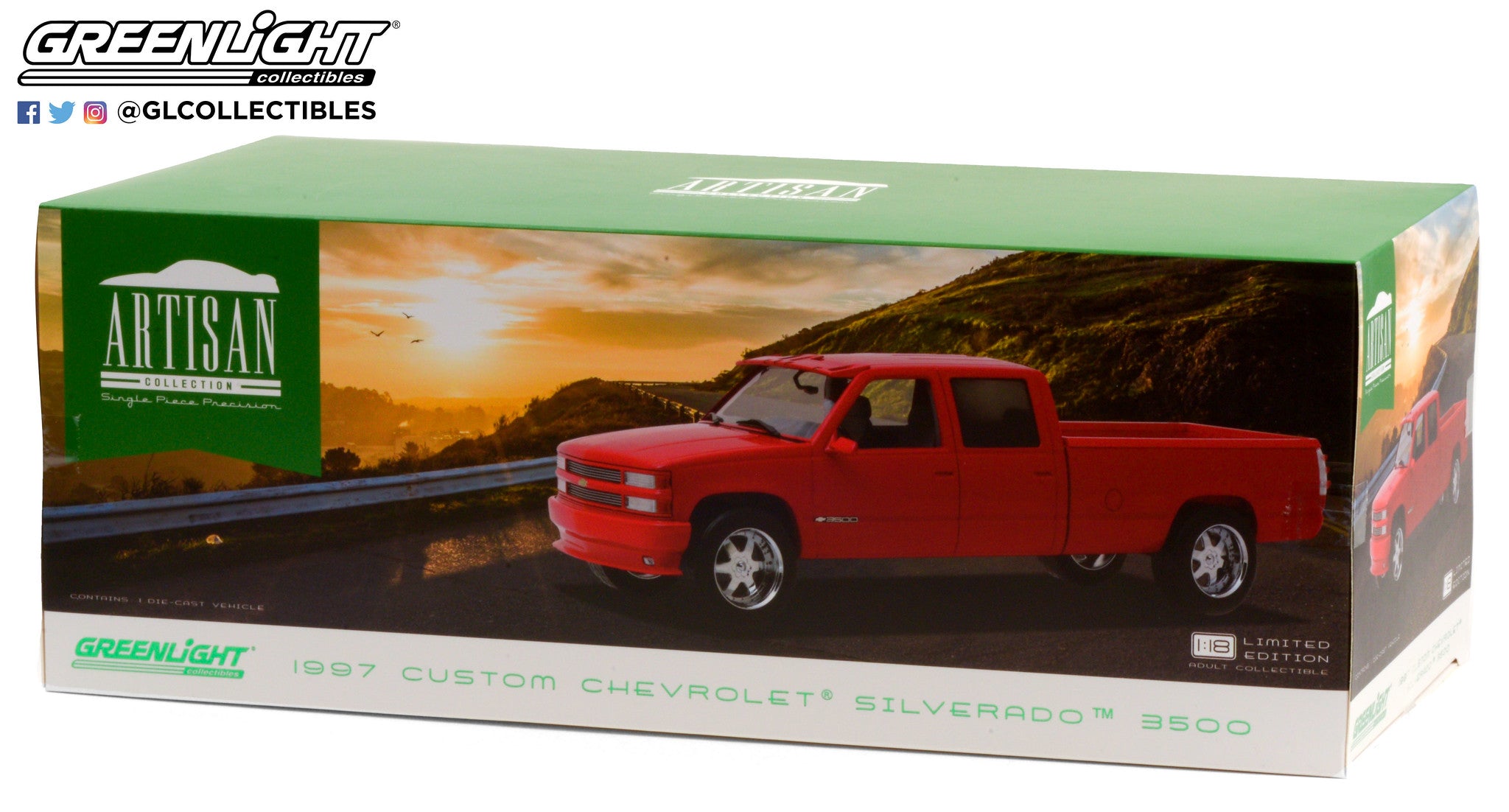 GreenLight 1:18 Artisan Collection - 1997 Chevrolet 3500 Crew Cab Silverado - Victory Red 19073